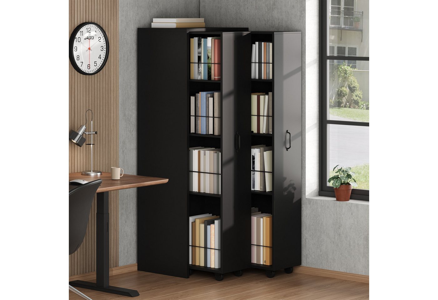 Celya Bücherregal Erweiterbares Bücherregal mit Rollen, 4 Ebenen, MDF, Küche oder Wohnzimmer verwendet werden, Links und rechts austauschbar, 20 kg Tragkraft pro Ebene Bild 4
