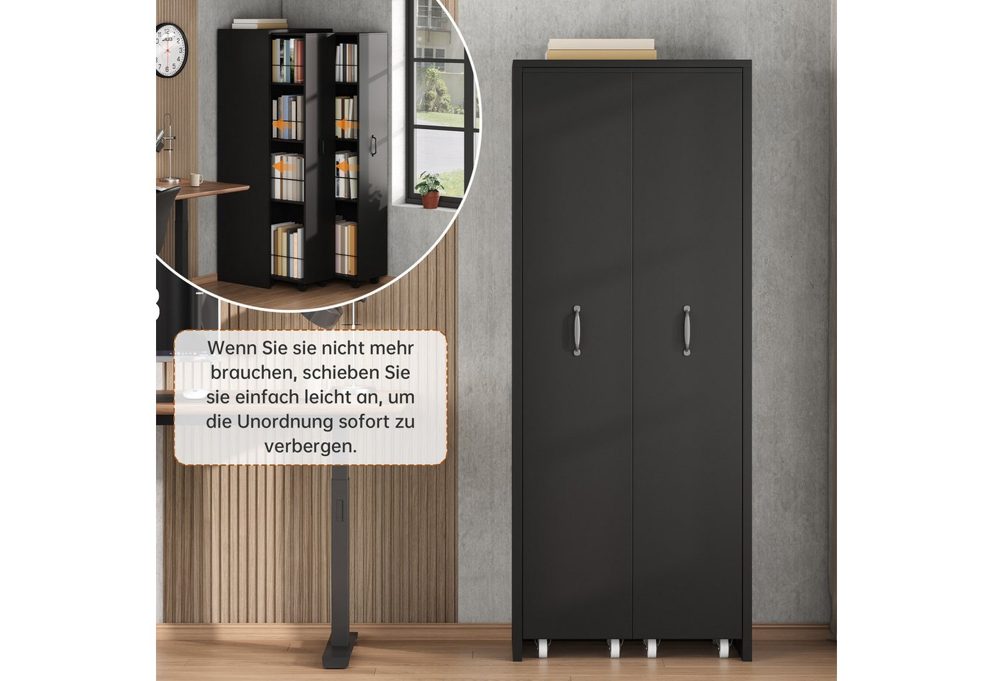 Celya Bücherregal Erweiterbares Bücherregal mit Rollen, 4 Ebenen, MDF, Küche oder Wohnzimmer verwendet werden, Links und rechts austauschbar, 20 kg Tragkraft pro Ebene Bild 5