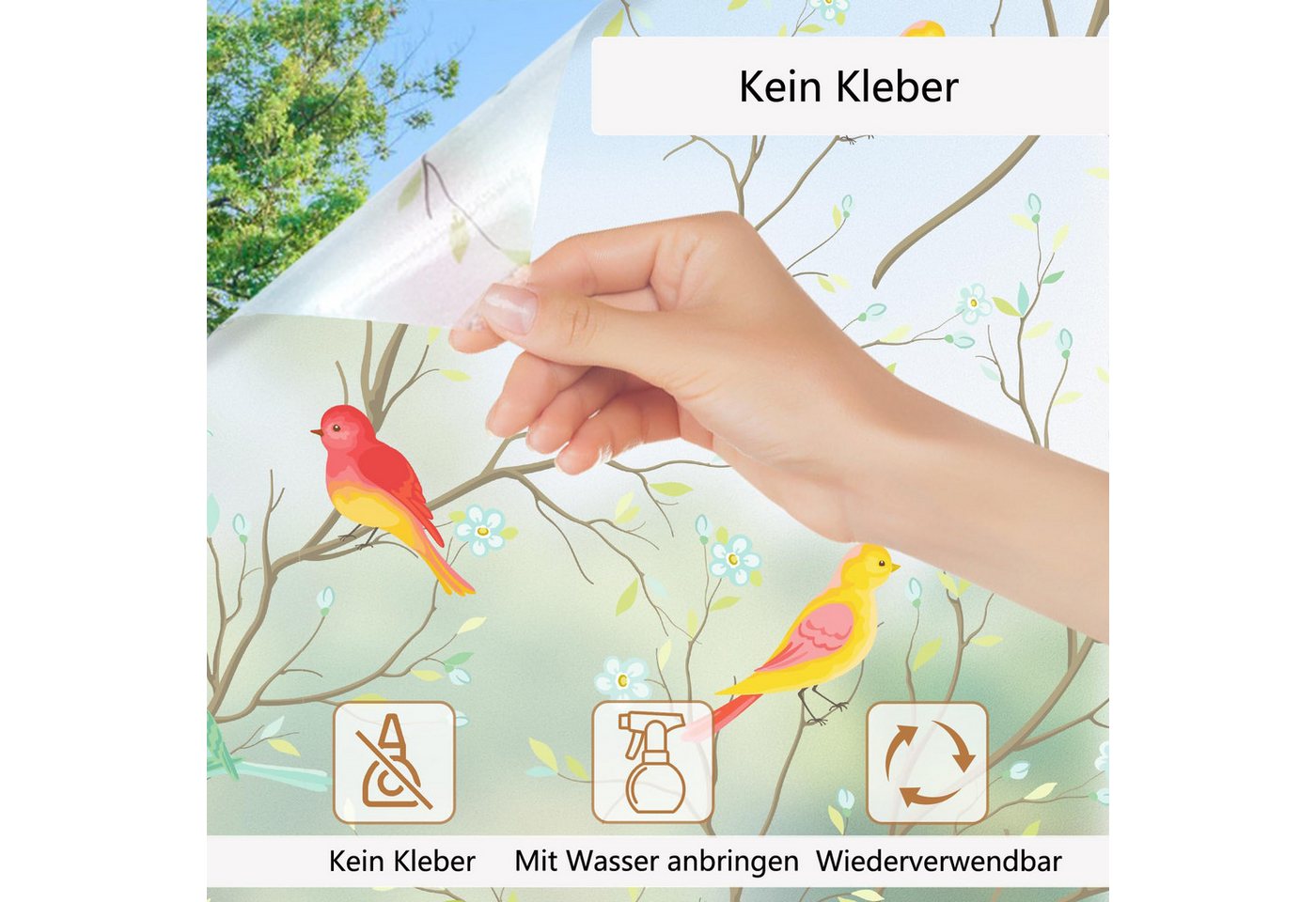 Diwzbyn Fensterfolie Blickdicht, Selbsthaftend Milchglasfolie, Sichtschutzfolie Fenster, Sonnenschutzfolie Statisch Haftend Anti UV Dekorfolie Vogel