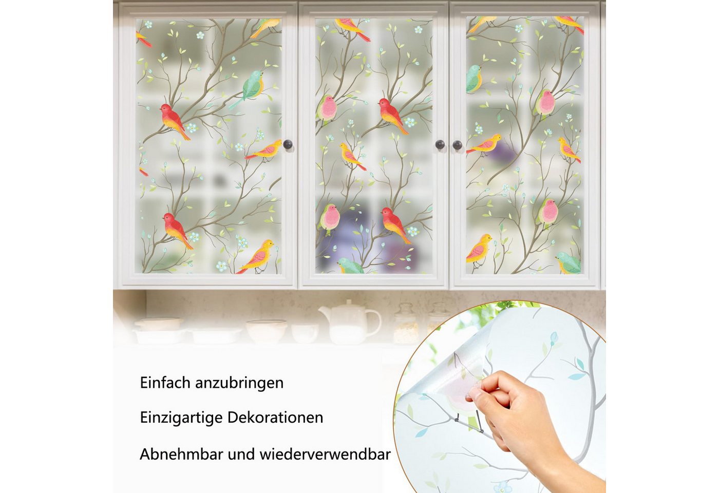 Diwzbyn Fensterfolie Blickdicht, Selbsthaftend Milchglasfolie, Sichtschutzfolie Fenster, Sonnenschutzfolie Statisch Haftend Anti UV Dekorfolie Vogel Bild 2
