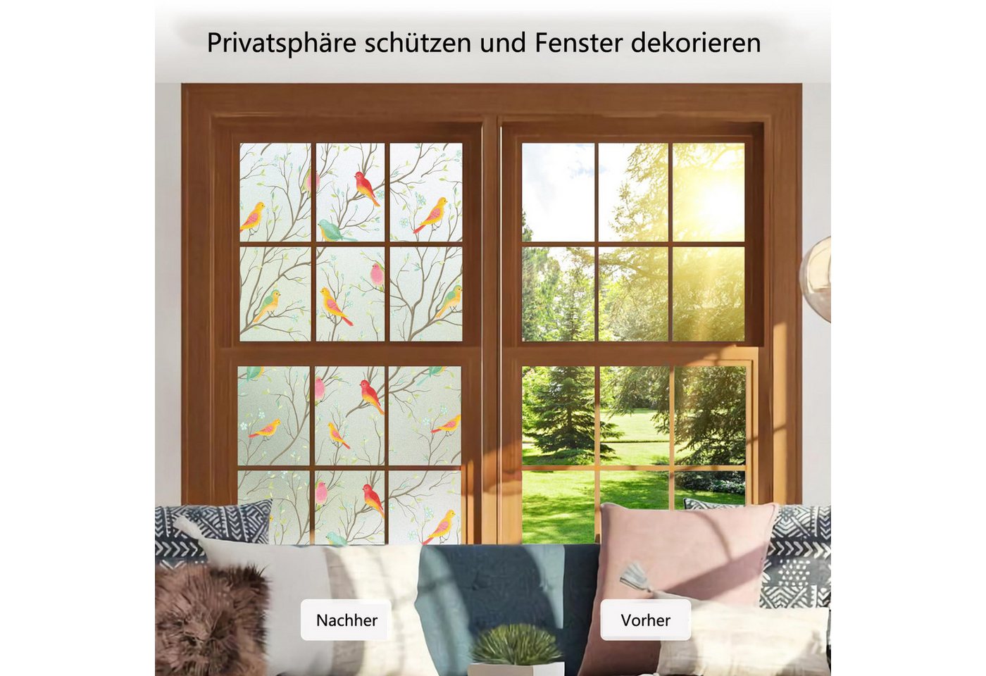 Diwzbyn Fensterfolie Blickdicht, Selbsthaftend Milchglasfolie, Sichtschutzfolie Fenster, Sonnenschutzfolie Statisch Haftend Anti UV Dekorfolie Vogel Bild 3