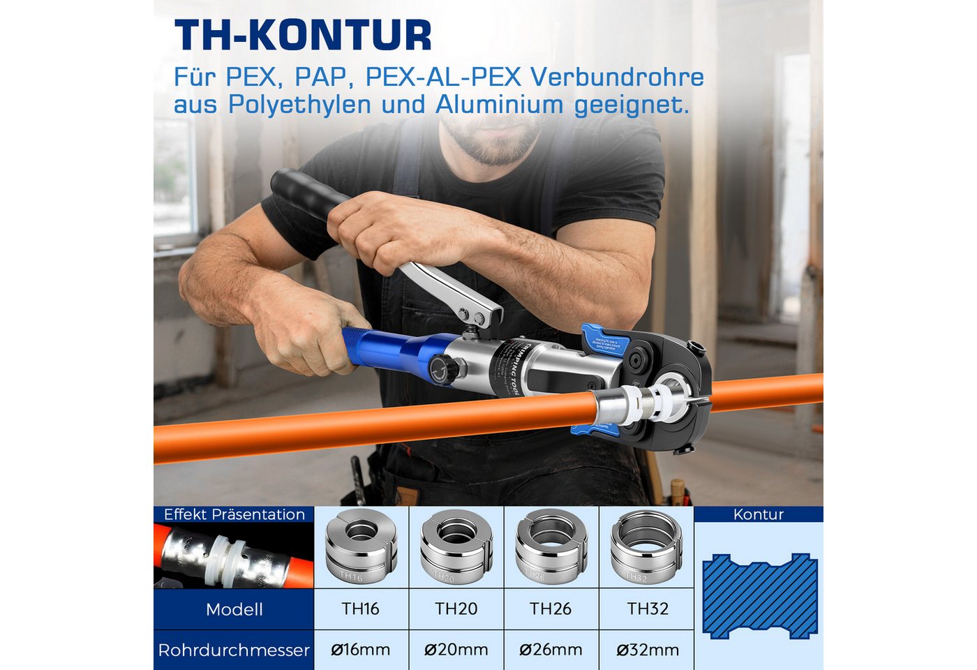 XERSEK Zangenset Rohrpresszange mit Chrommatrizen 80kN Hydraulische Presszange, Set 14-tlg., Presswerkzeug mit TH/V-Pressbacken und Rohrschneider, für Edelstahl, Kupfer, PEX & Verbundrohre, 12–32 mm