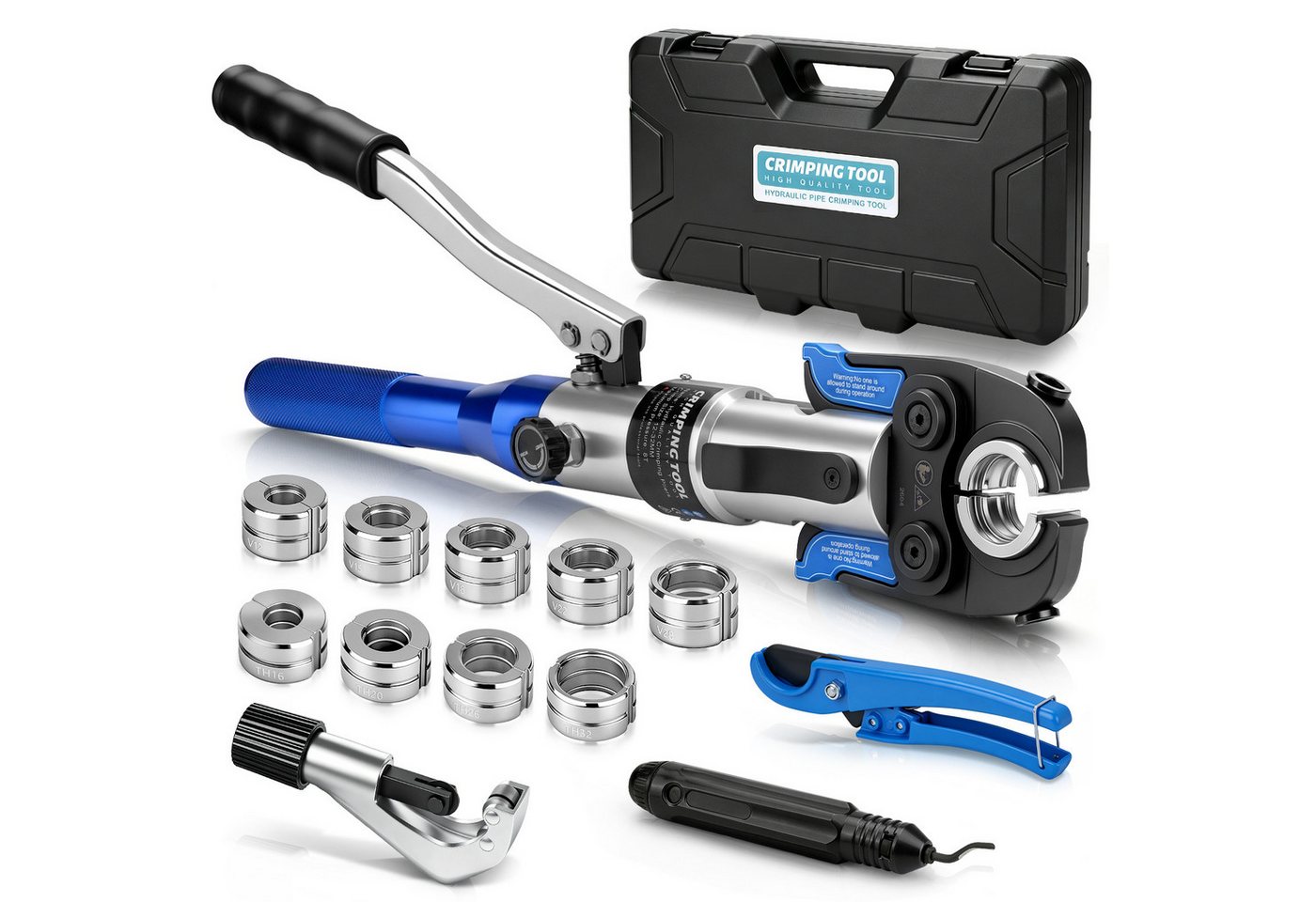 XERSEK Zangenset Rohrpresszange mit Chrommatrizen 80kN Hydraulische Presszange, Set 14-tlg., Presswerkzeug mit TH/V-Pressbacken und Rohrschneider, für Edelstahl, Kupfer, PEX & Verbundrohre, 12–32 mm Bild 4