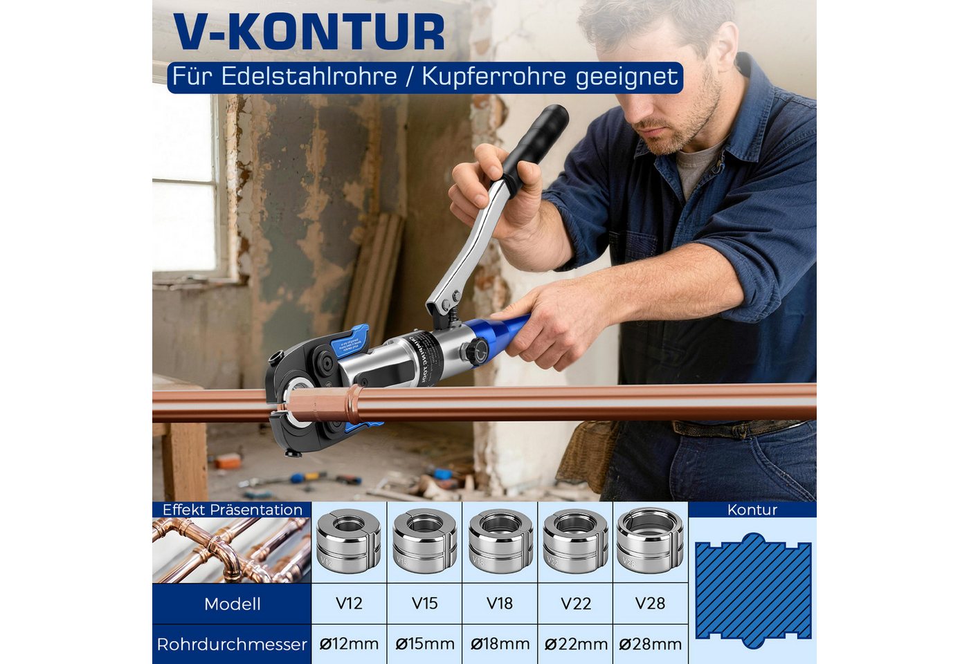 XERSEK Zangenset Rohrpresszange mit Chrommatrizen 80kN Hydraulische Presszange, Set 14-tlg., Presswerkzeug mit TH/V-Pressbacken und Rohrschneider, für Edelstahl, Kupfer, PEX & Verbundrohre, 12–32 mm Bild 5