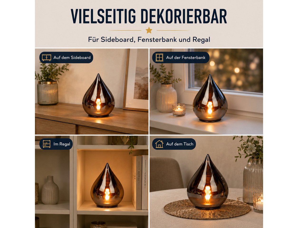 Kremers Schatzkiste LED Dekolicht LED Deko Tropfen 13 cm Farbglas mit Timer 6h/18h Ambientbeleuchtung, LED fest integriert