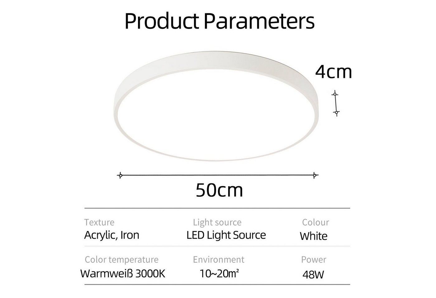 style home LED Deckenleuchte Deckenlampe, 48W-Ø50x4cm, LED fest integriert, Warmweiß 3000K, nicht dimmbar ohne Fernbedienung, für Wohnzimmer Schlafzimmer Büro Küche, Ø50x4cm, Weiß