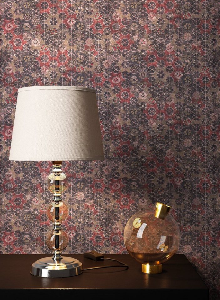 Newroom Vliestapete Muster1 Tapete Fliesenoptik Mosaik,Fliesen,Blumen, Rot Tapete Mosaik Vintage - Fliesenoptik Mustertapete Braun Rosa Fliesen Floral für Schlafzimmer Wohnzimmer Küche, Mustertapete