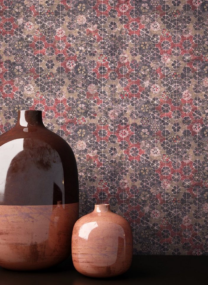 Newroom Vliestapete Muster1 Tapete Fliesenoptik Mosaik,Fliesen,Blumen, Rot Tapete Mosaik Vintage - Fliesenoptik Mustertapete Braun Rosa Fliesen Floral für Schlafzimmer Wohnzimmer Küche, Mustertapete Bild 2