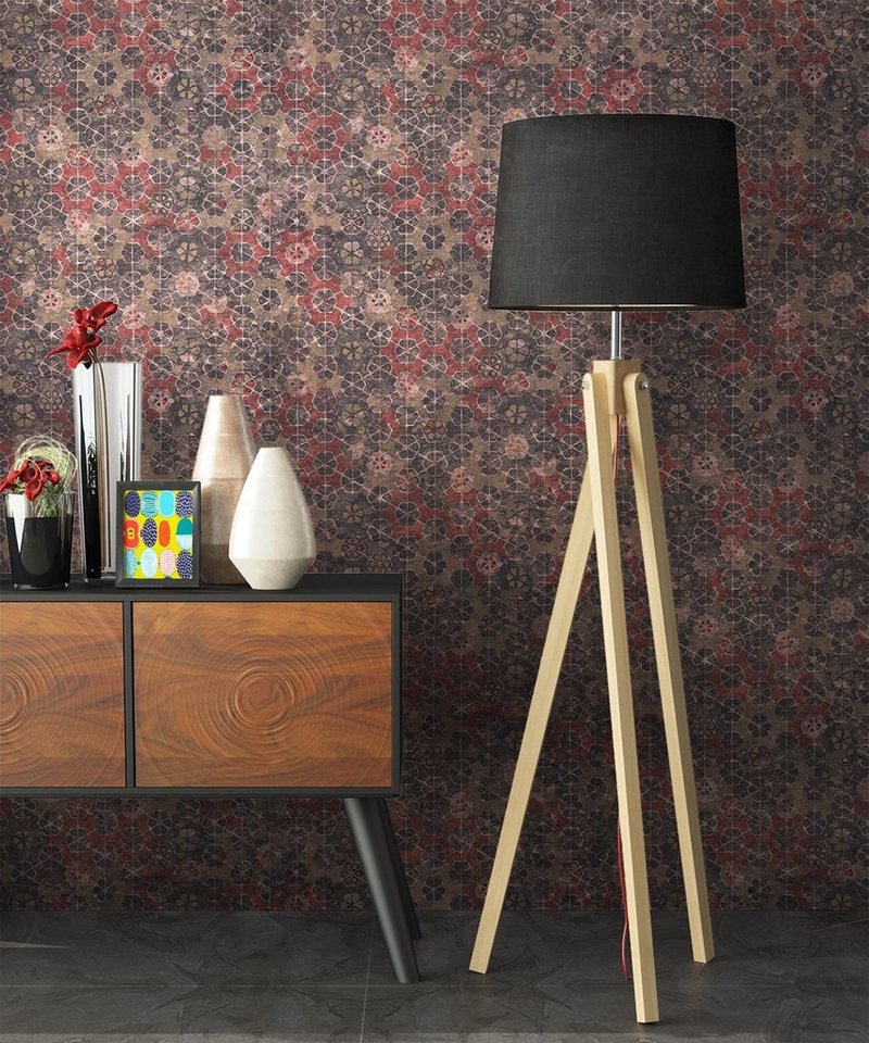 Newroom Vliestapete Muster1 Tapete Fliesenoptik Mosaik,Fliesen,Blumen, Rot Tapete Mosaik Vintage - Fliesenoptik Mustertapete Braun Rosa Fliesen Floral für Schlafzimmer Wohnzimmer Küche, Mustertapete Bild 3