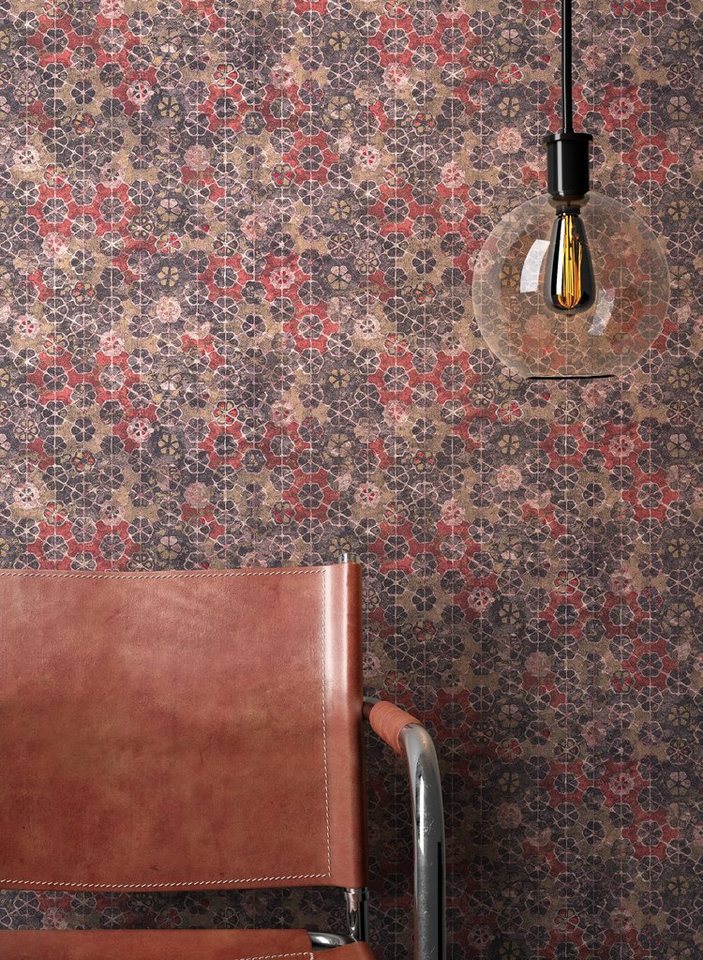 Newroom Vliestapete Muster1 Tapete Fliesenoptik Mosaik,Fliesen,Blumen, Rot Tapete Mosaik Vintage - Fliesenoptik Mustertapete Braun Rosa Fliesen Floral für Schlafzimmer Wohnzimmer Küche, Mustertapete Bild 4