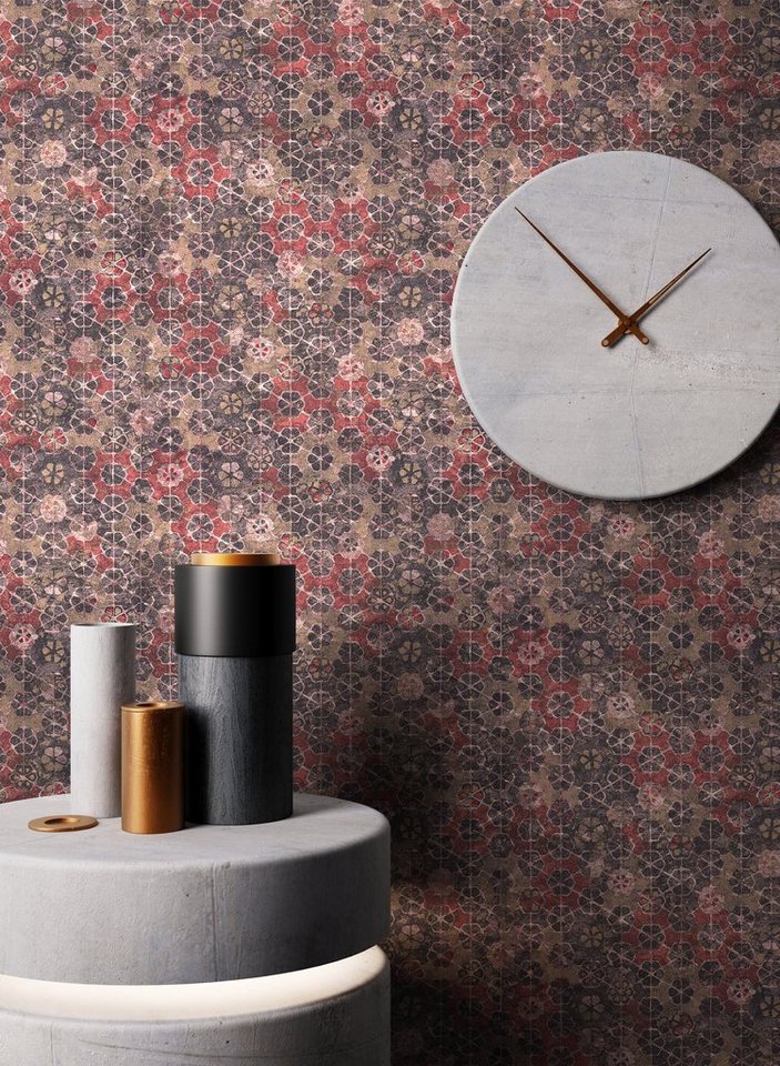 Newroom Vliestapete Muster1 Tapete Fliesenoptik Mosaik,Fliesen,Blumen, Rot Tapete Mosaik Vintage - Fliesenoptik Mustertapete Braun Rosa Fliesen Floral für Schlafzimmer Wohnzimmer Küche, Mustertapete Bild 5