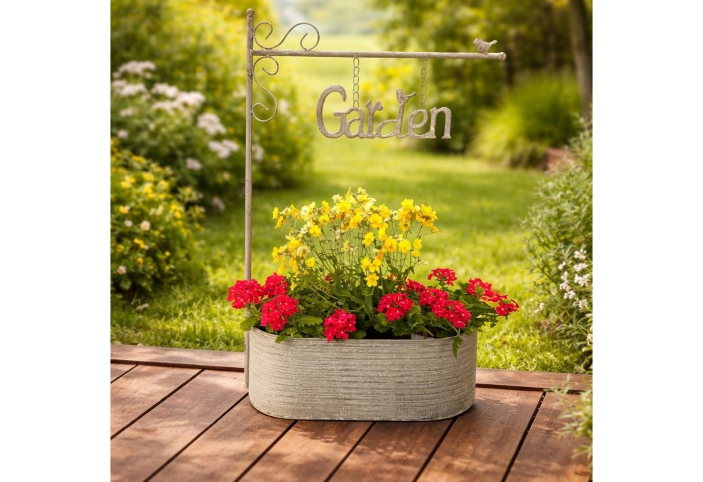 Online-Fuchs Blumenkasten Pflanzkübel, Blumentopf aus Metall für draußen - Outdoor - 66 cm groß (wetterfest, ideal für den Eingangsbereich), dekoratives Garden Schild mit Kette und 2 süßen Vögeln Bild 3