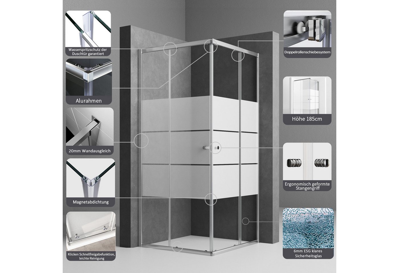 Boromal Eckdusche Duschkabine Eckeinstieg Schiebetür Duschabtrennung Milchglas H:185cm, BxT: 80x80 cm, Sicherheitsglas, Aluminiumrahmen, Aluminiumprofil, Easy Clean Funktion, Links und Recht montierbar Bild 2