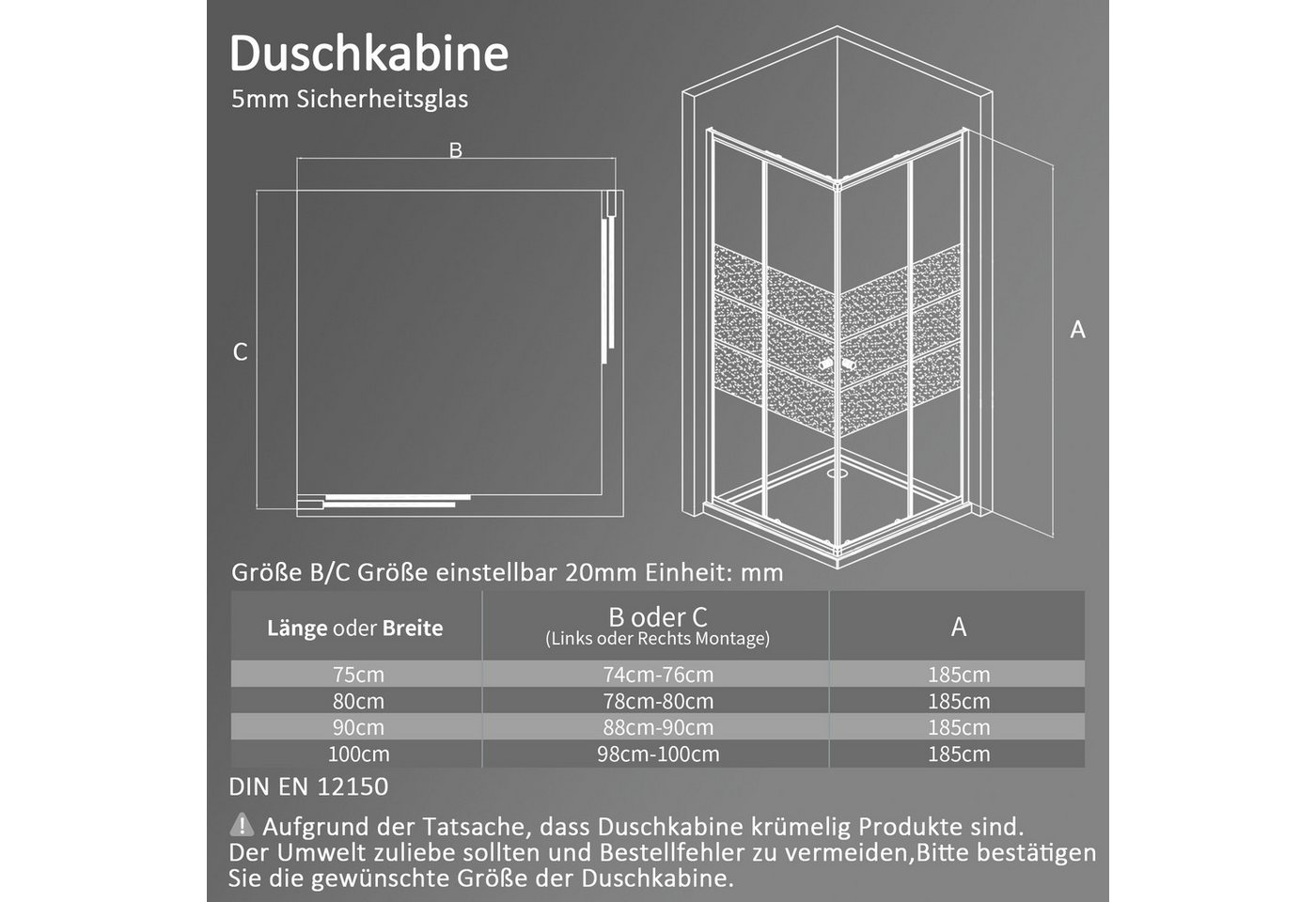 Boromal Eckdusche Duschkabine Eckeinstieg Schiebetür Duschabtrennung Milchglas H:185cm, BxT: 80x80 cm, Sicherheitsglas, Aluminiumrahmen, Aluminiumprofil, Easy Clean Funktion, Links und Recht montierbar Bild 3