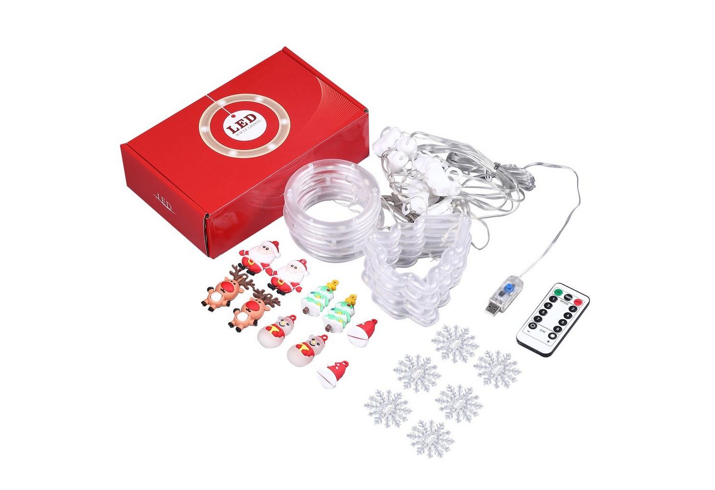 Rosnek LED-Lichtervorhang 3M 100LEDs, 8 Modi, Batterie/USB, für Wohnzimmer Schlafzimmer, mit weihnachtlichen Ornamenten, Fenster Deko