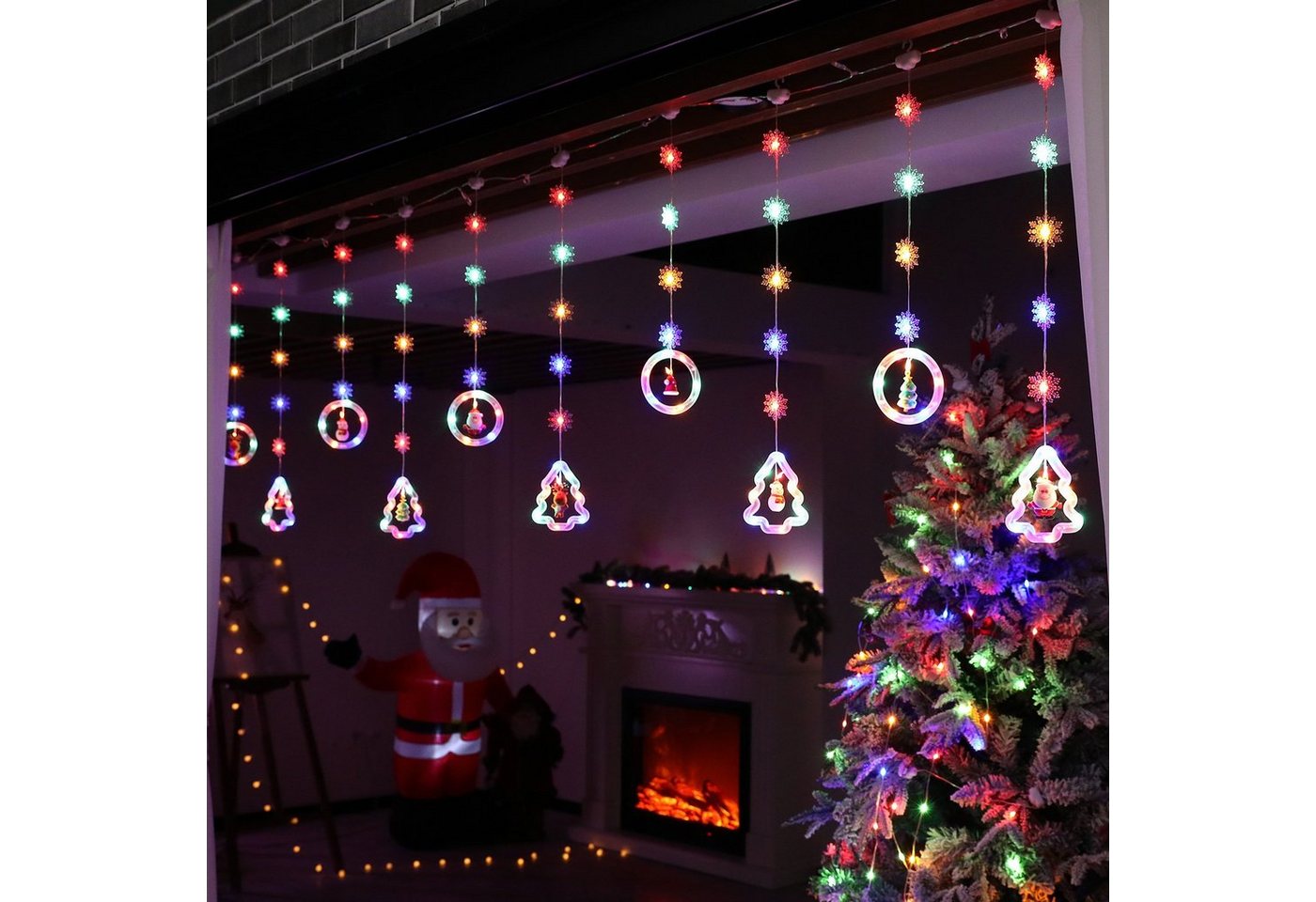Rosnek LED-Lichtervorhang 3M 100LEDs, 8 Modi, Batterie/USB, für Wohnzimmer Schlafzimmer, mit weihnachtlichen Ornamenten, Fenster Deko Bild 2