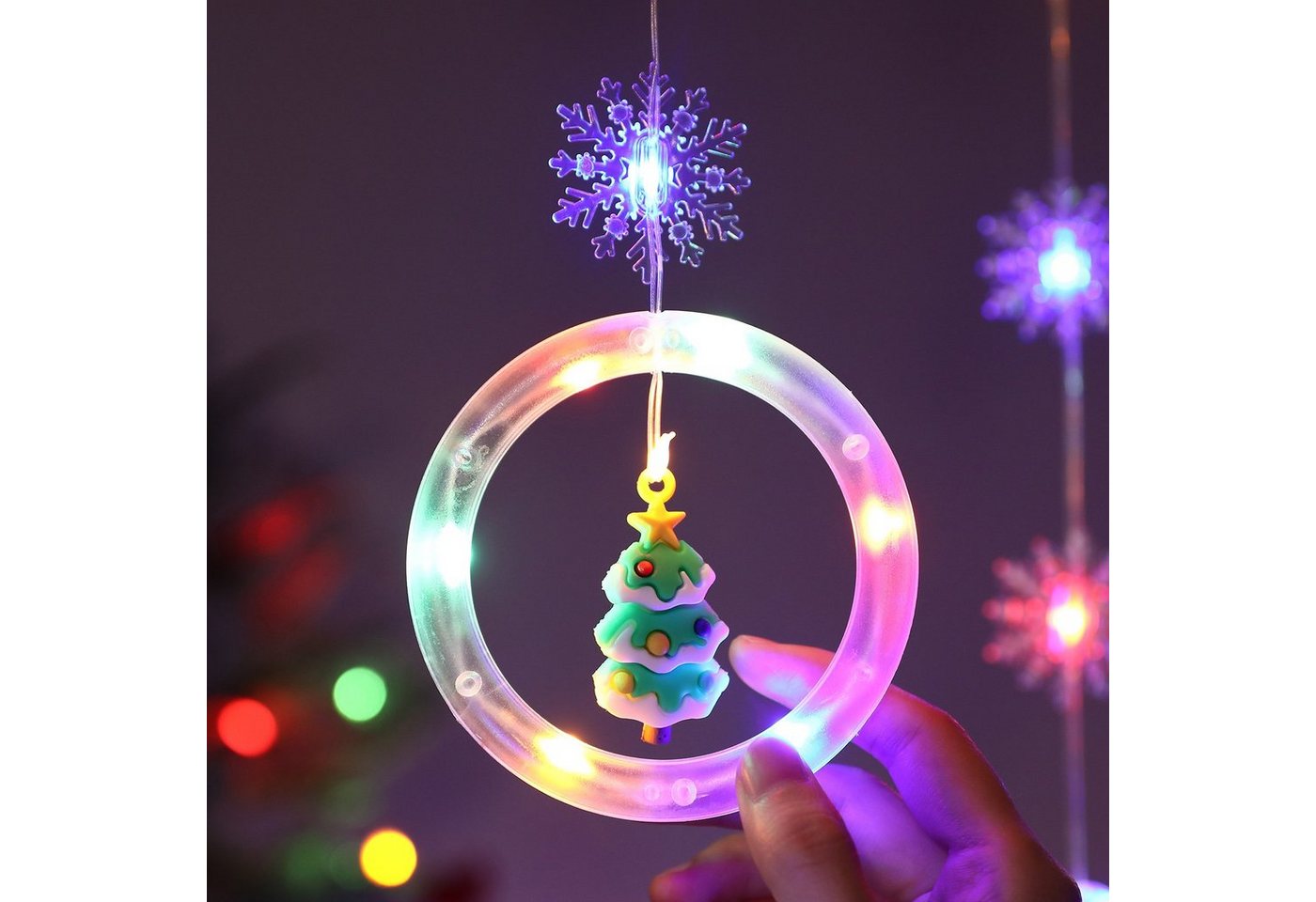 Rosnek LED-Lichtervorhang 3M 100LEDs, 8 Modi, Batterie/USB, für Wohnzimmer Schlafzimmer, mit weihnachtlichen Ornamenten, Fenster Deko Bild 3