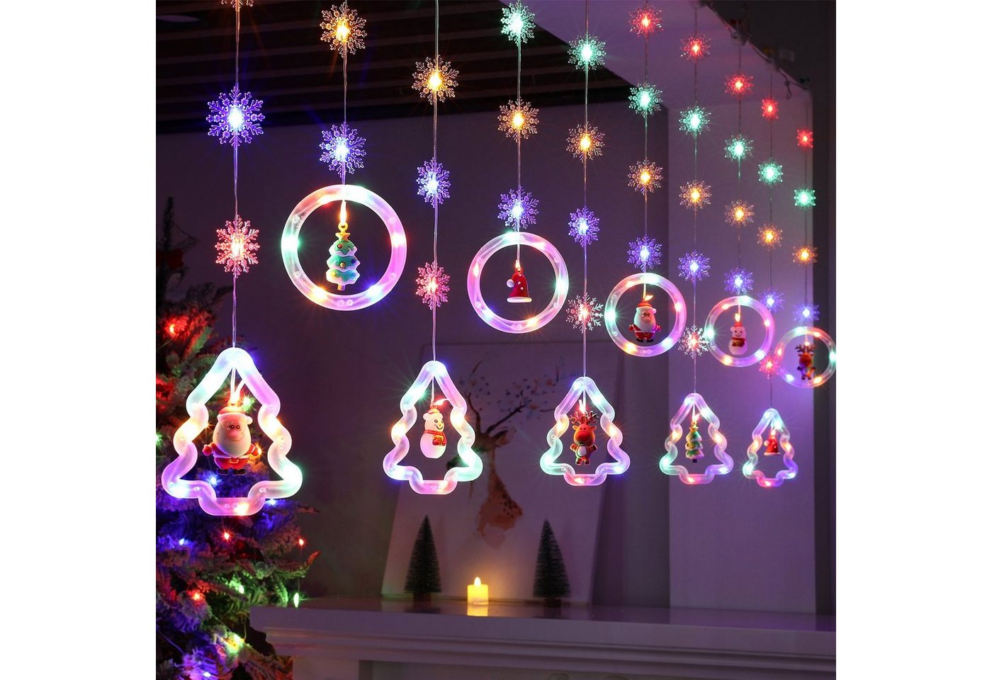 Rosnek LED-Lichtervorhang 3M 100LEDs, 8 Modi, Batterie/USB, für Wohnzimmer Schlafzimmer, mit weihnachtlichen Ornamenten, Fenster Deko Bild 4