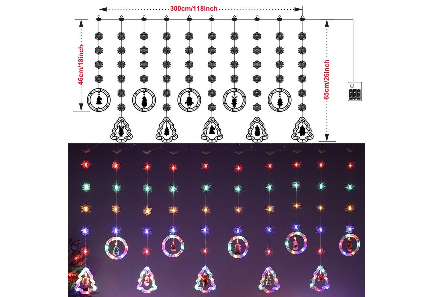 Rosnek LED-Lichtervorhang 3M 100LEDs, 8 Modi, Batterie/USB, für Wohnzimmer Schlafzimmer, mit weihnachtlichen Ornamenten, Fenster Deko Bild 5