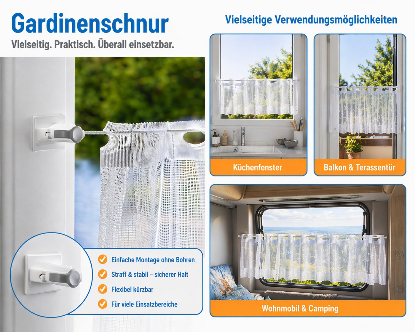 dekohaken24.de Seilspanngarnitur Gardinendraht, Gardinenseil, Vorhangdraht, Gardinenschnur, inkl. Klebeplatten für eine Befestigung ohne Bohren an Ihrem Fenster, (1-St), Komplettset Bild 2