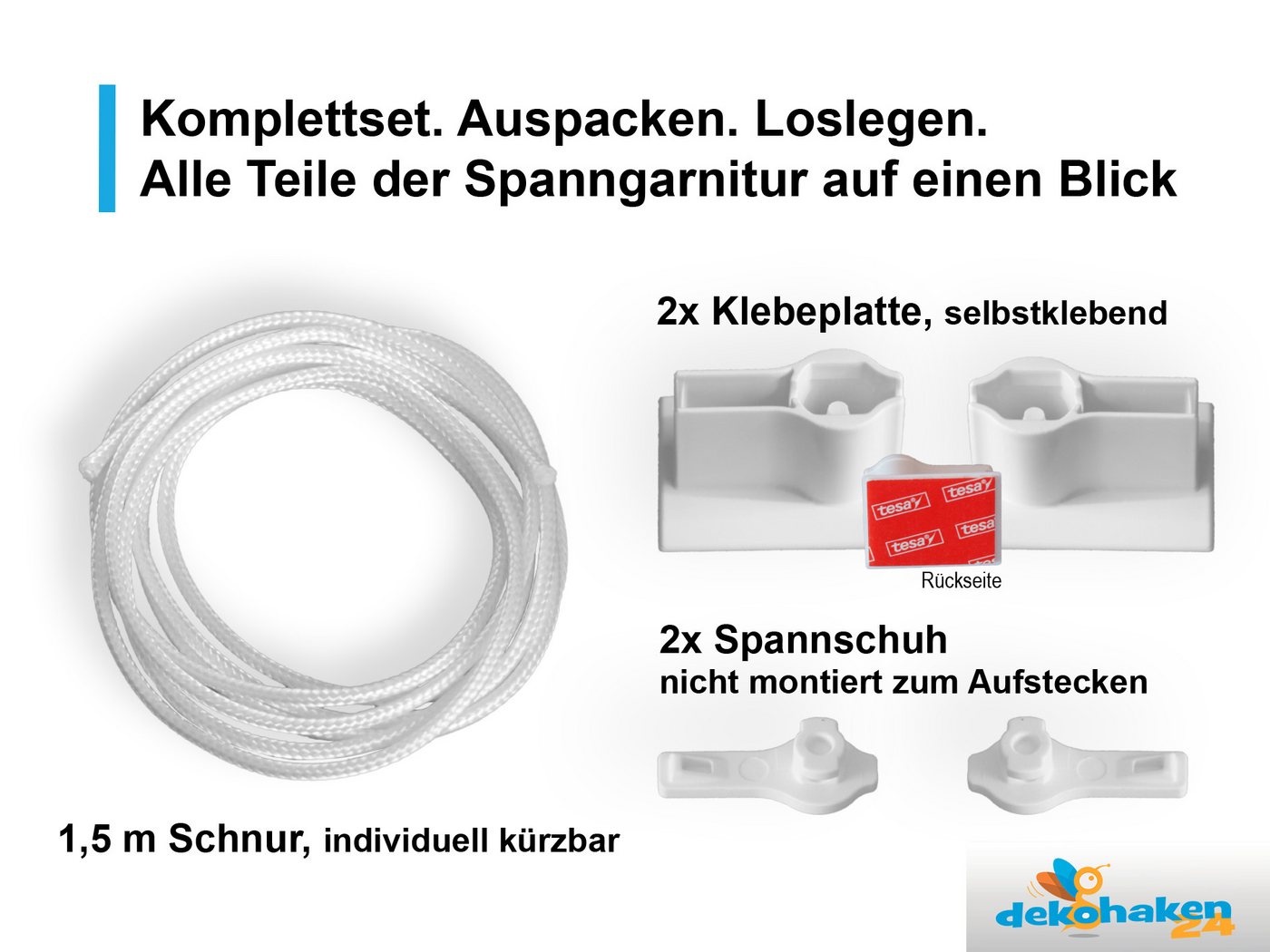 dekohaken24.de Seilspanngarnitur Gardinendraht, Gardinenseil, Vorhangdraht, Gardinenschnur, inkl. Klebeplatten für eine Befestigung ohne Bohren an Ihrem Fenster, (1-St), Komplettset Bild 3