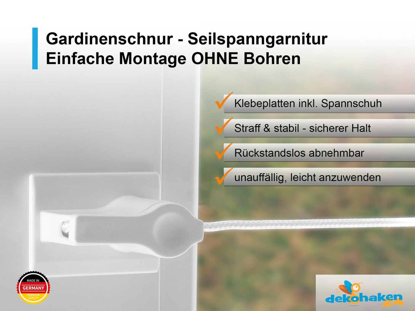 dekohaken24.de Seilspanngarnitur Gardinendraht, Gardinenseil, Vorhangdraht, Gardinenschnur, inkl. Klebeplatten für eine Befestigung ohne Bohren an Ihrem Fenster, (1-St), Komplettset Bild 5