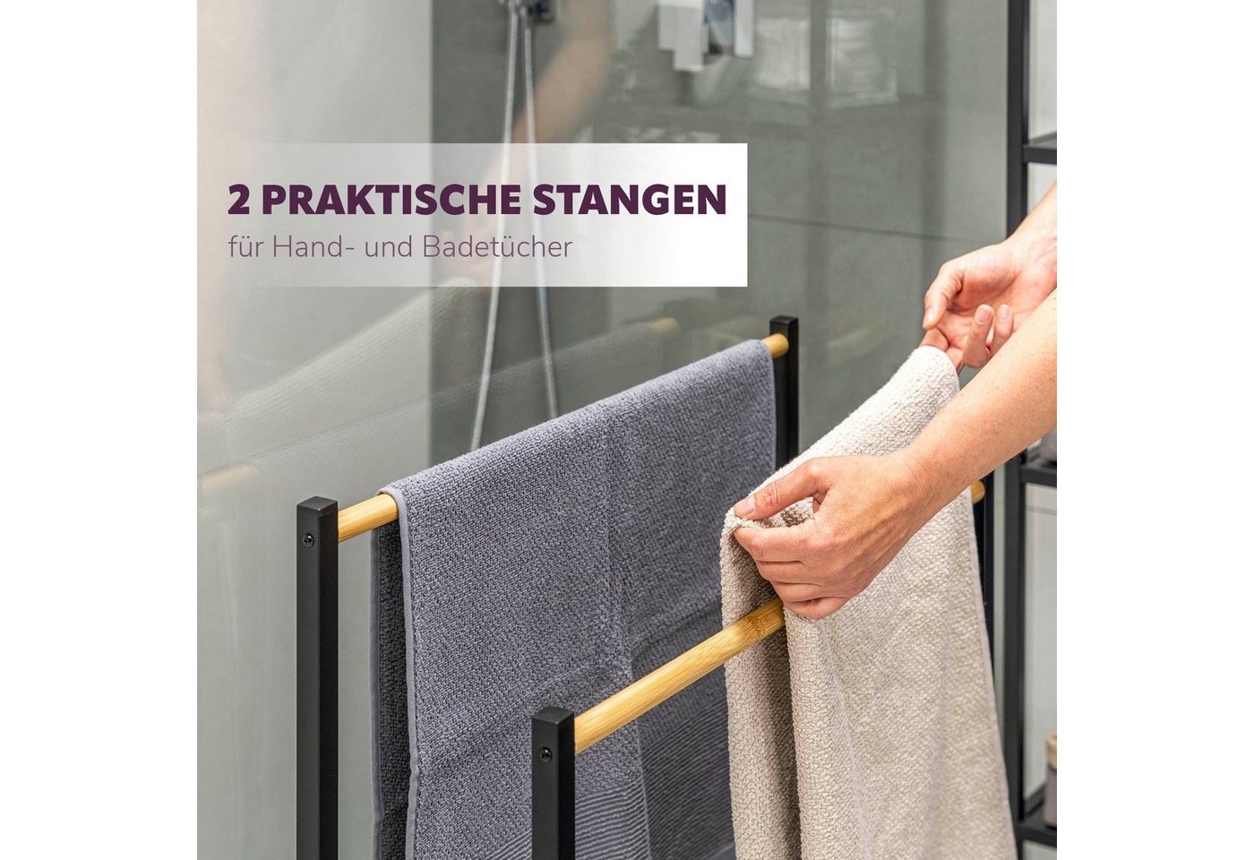 eluno Handtuchständer Badetuchhalter freistehend, mit 2 Bambus-Stangen, 4 Haken