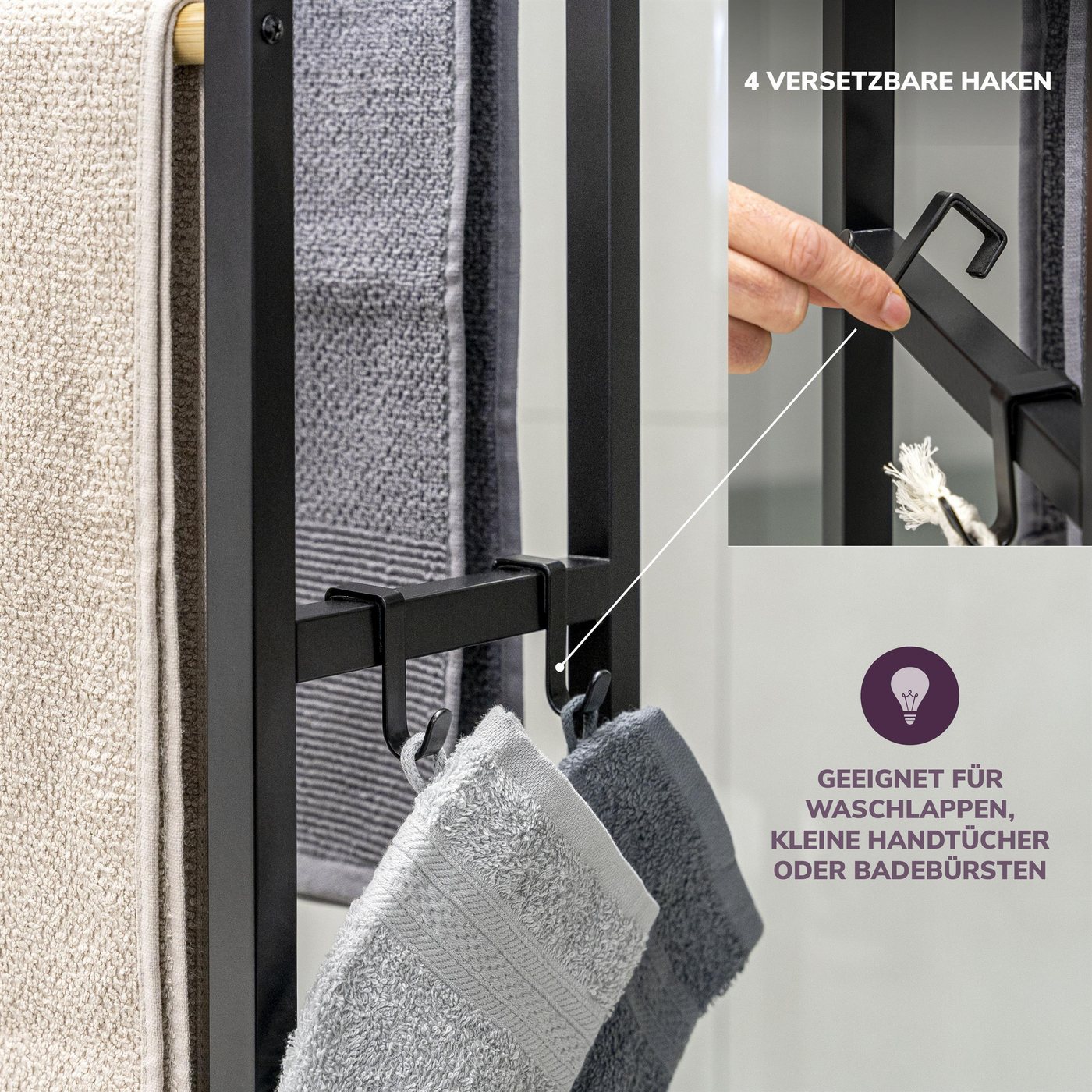 eluno Handtuchständer Badetuchhalter freistehend, mit 2 Bambus-Stangen, 4 Haken Bild 2