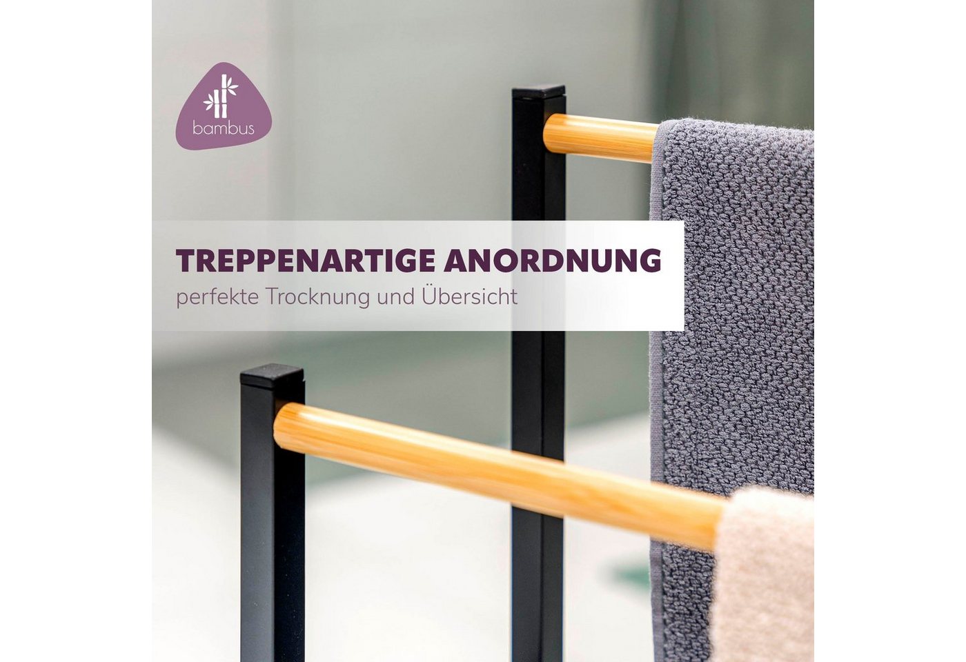 eluno Handtuchständer Badetuchhalter freistehend, mit 2 Bambus-Stangen, 4 Haken Bild 3