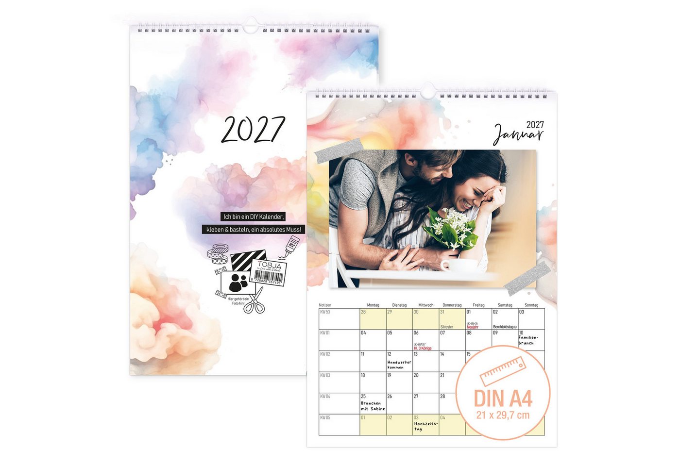 TOBJA Kalender zum Selbstbasteln DIY Foto-Kalender 2027 A4 zum Selbstgestalten Bastelkalender 250g, Foto-Formate flexibel, 250g Papier, Ringbindung, Schulferien DE+AT
