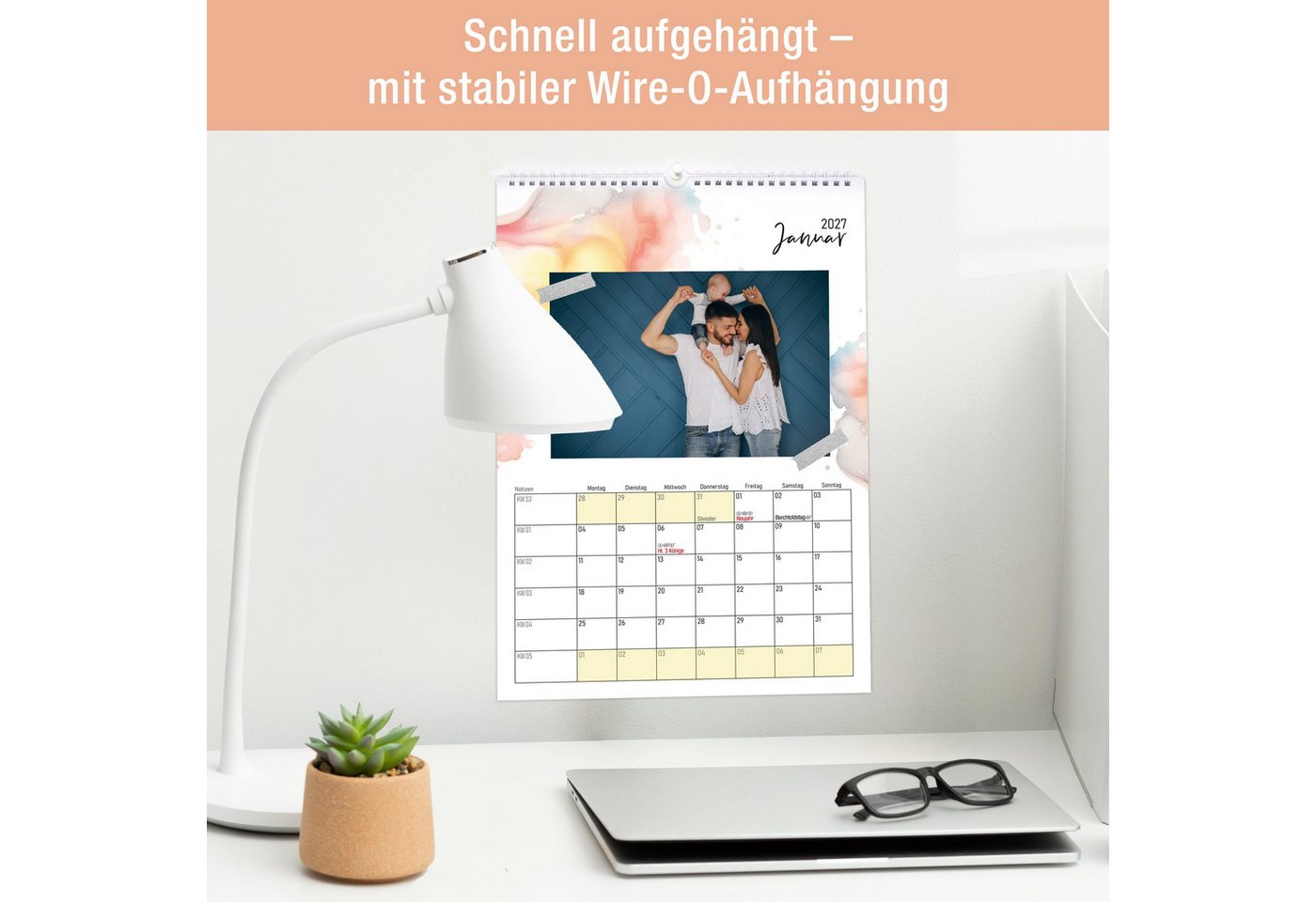 TOBJA Kalender zum Selbstbasteln DIY Foto-Kalender 2027 A4 zum Selbstgestalten Bastelkalender 250g, Foto-Formate flexibel, 250g Papier, Ringbindung, Schulferien DE+AT Bild 2