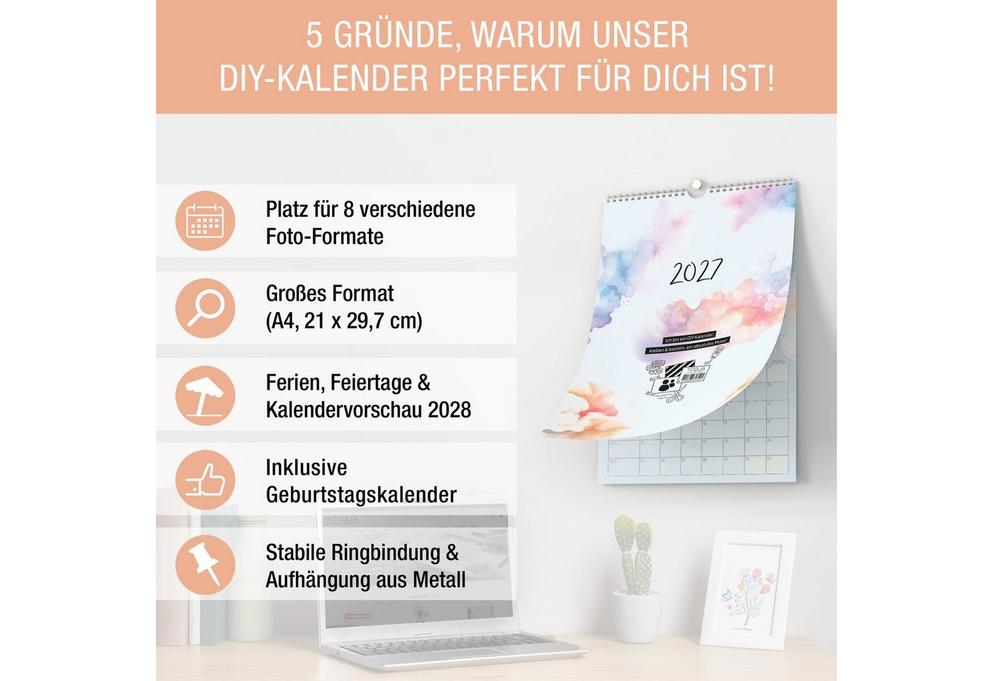 TOBJA Kalender zum Selbstbasteln DIY Foto-Kalender 2027 A4 zum Selbstgestalten Bastelkalender 250g, Foto-Formate flexibel, 250g Papier, Ringbindung, Schulferien DE+AT Bild 5