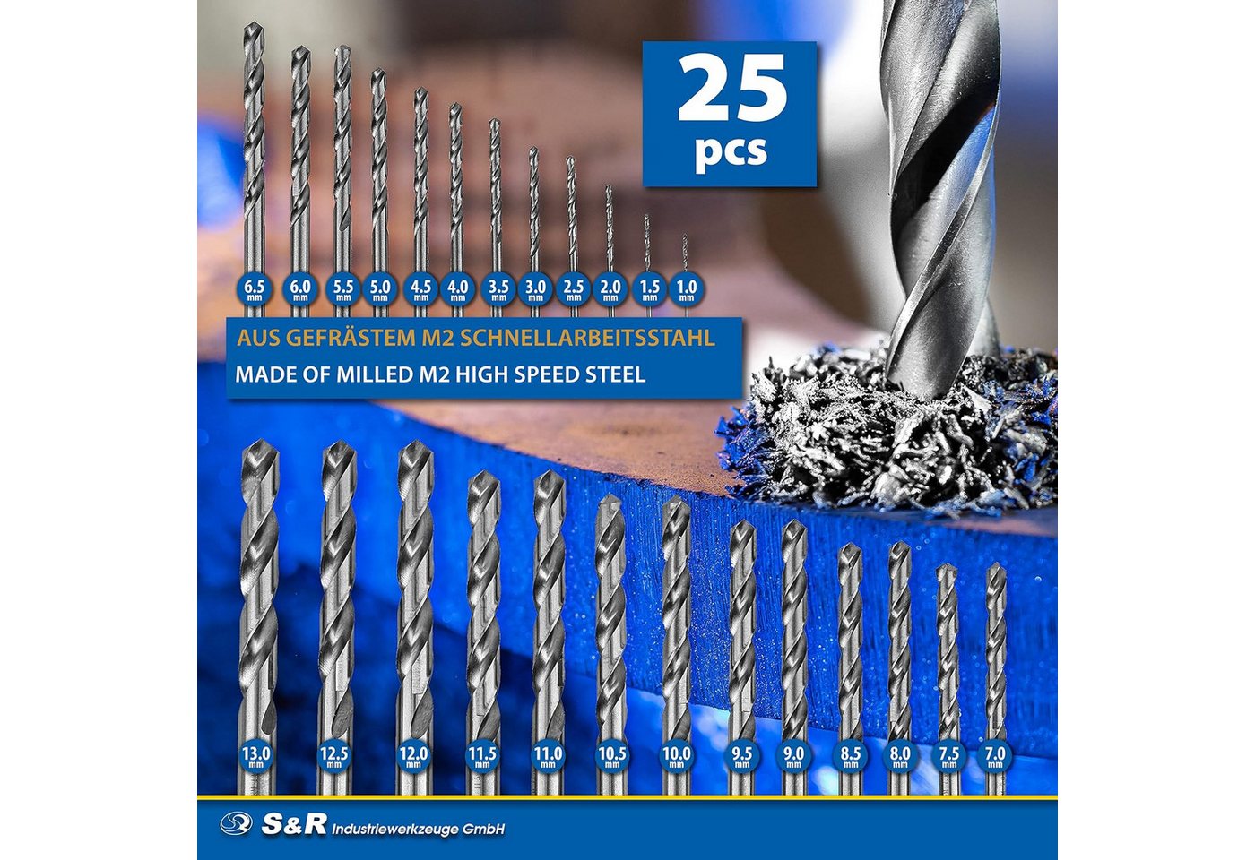 S&R Metallbohrer -Set, 118° Spitzenwinkel, GM-Serie, HSS-Stahl, Industrie-Qualität, (Set, 25 teilig, ø 1-13 mm), extra hohe Standzeit, DIN 338, geschliffen, Stahlbohrer-Satz 25 Stück