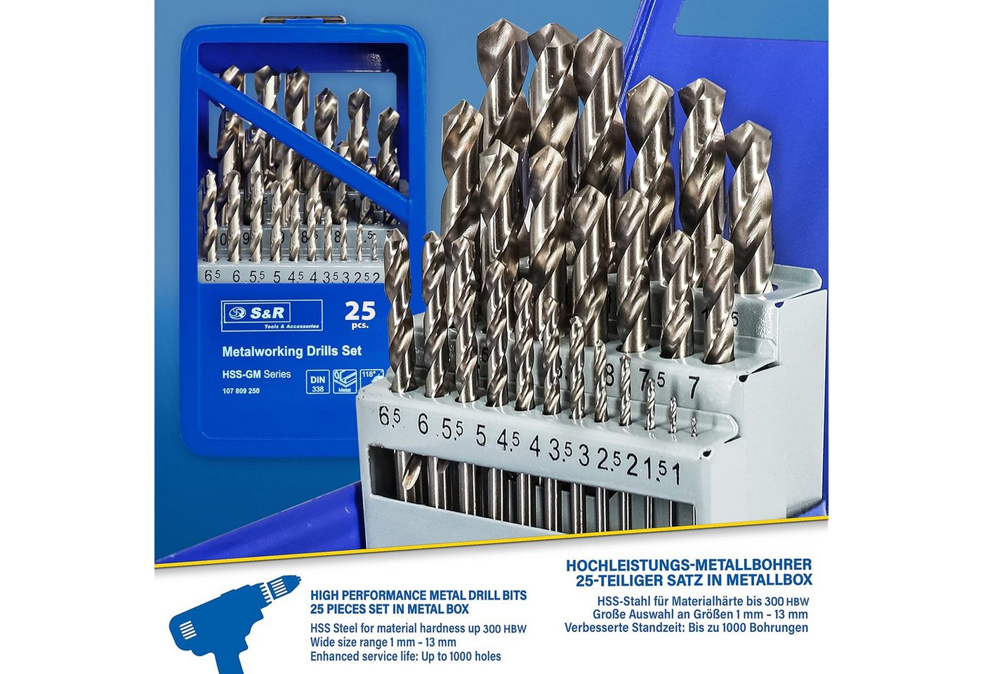 S&R Metallbohrer -Set, 118° Spitzenwinkel, GM-Serie, HSS-Stahl, Industrie-Qualität, (Set, 25 teilig, ø 1-13 mm), extra hohe Standzeit, DIN 338, geschliffen, Stahlbohrer-Satz 25 Stück Bild 3
