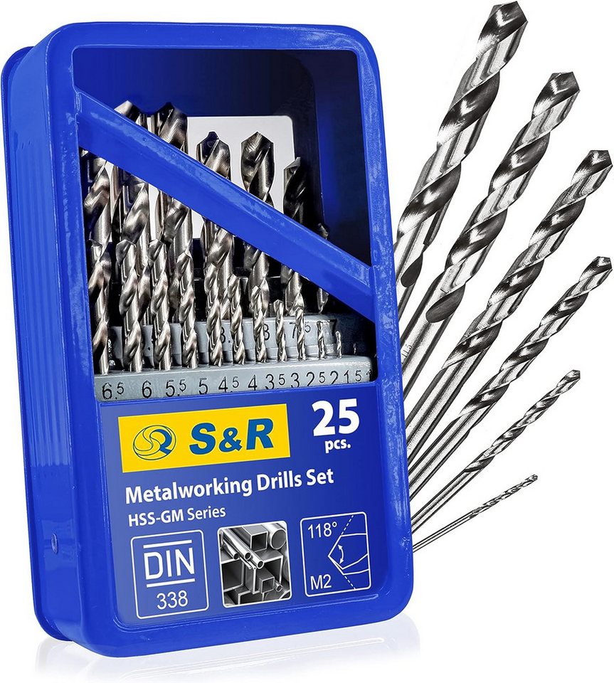 S&R Metallbohrer -Set, 118° Spitzenwinkel, GM-Serie, HSS-Stahl, Industrie-Qualität, (Set, 25 teilig, ø 1-13 mm), extra hohe Standzeit, DIN 338, geschliffen, Stahlbohrer-Satz 25 Stück Bild 5