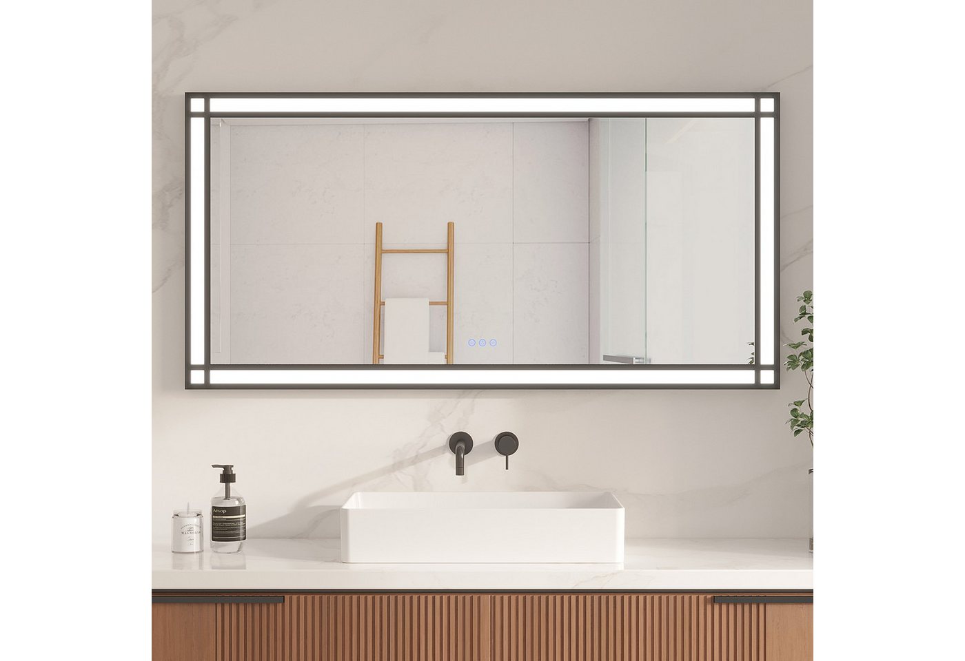AQUALAVOS Badspiegel Badspiegel mit Beleuchtung 140x70 160x70 cm für Doppelwaschbecken IP44, Anti-Fog Dimmbar Memory-Funktion Touch/Wandschalter