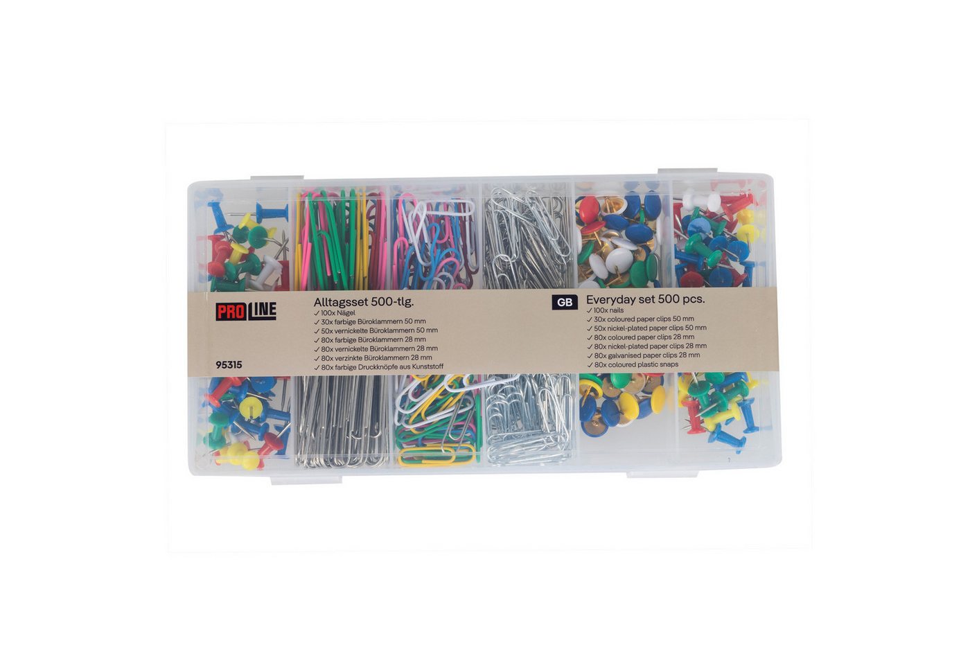 Haushalt International Büroklammer Reißzwecke Büroset Office-Set 500tlg Kunststoffbox, 500tl, vielfälltig, Box 21x11x3cm, Papierclips Bild 2
