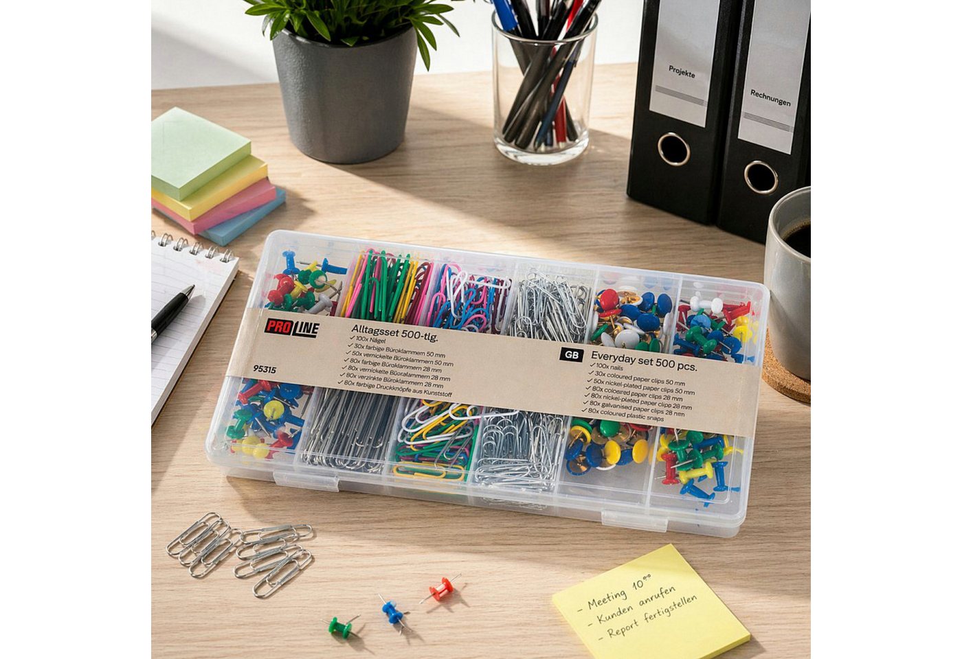 Haushalt International Büroklammer Reißzwecke Büroset Office-Set 500tlg Kunststoffbox, 500tl, vielfälltig, Box 21x11x3cm, Papierclips Bild 3