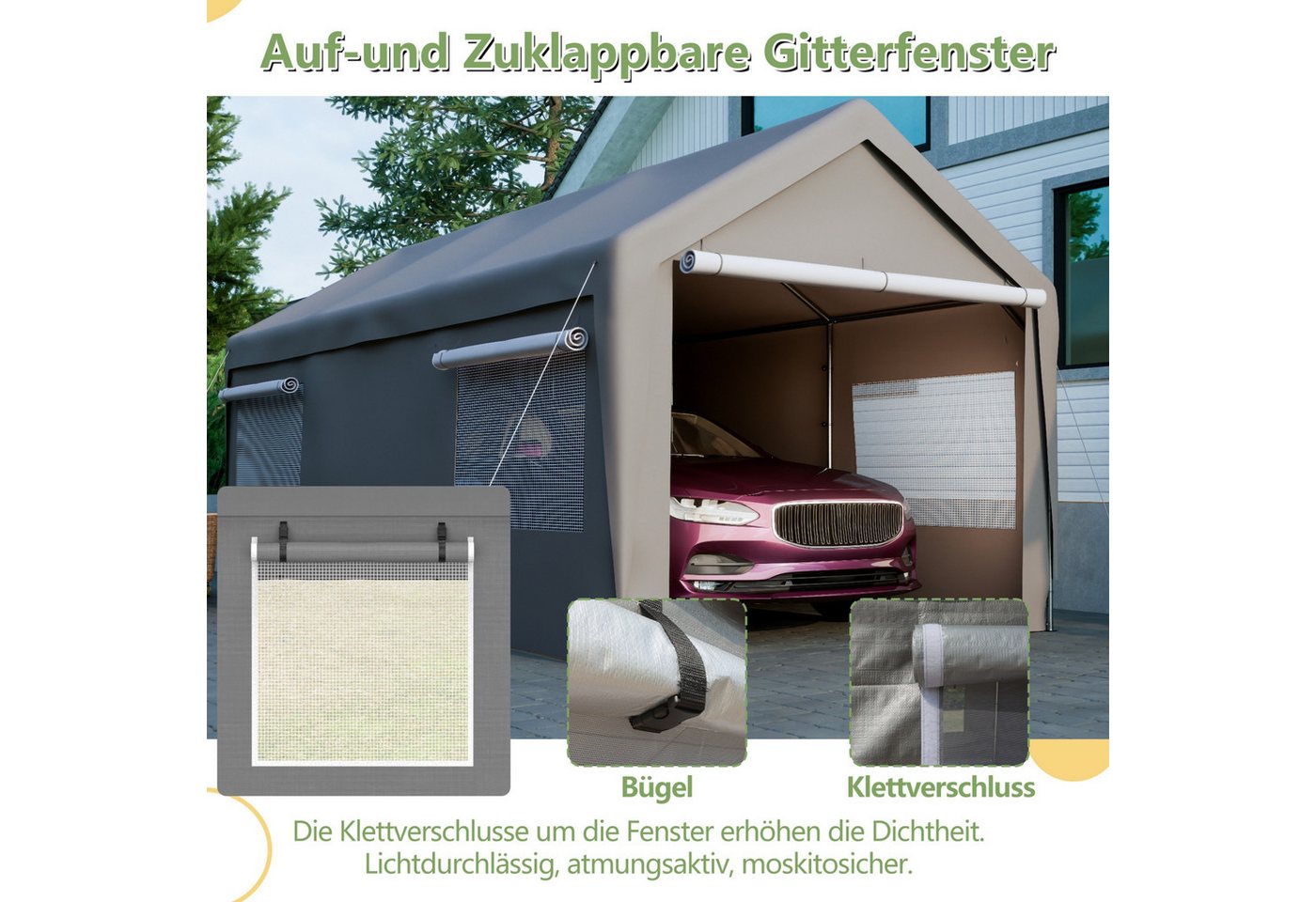 Blossom Garage Einzelcarport 3x6 m Carport Zelt winterfestes mit Roll-Up-Fenstern (Zeltgarage Gerätezelt), abnehmbaren Seitenwänden Dach, Lagerzelt für Auto, SUV, Boot, LKW