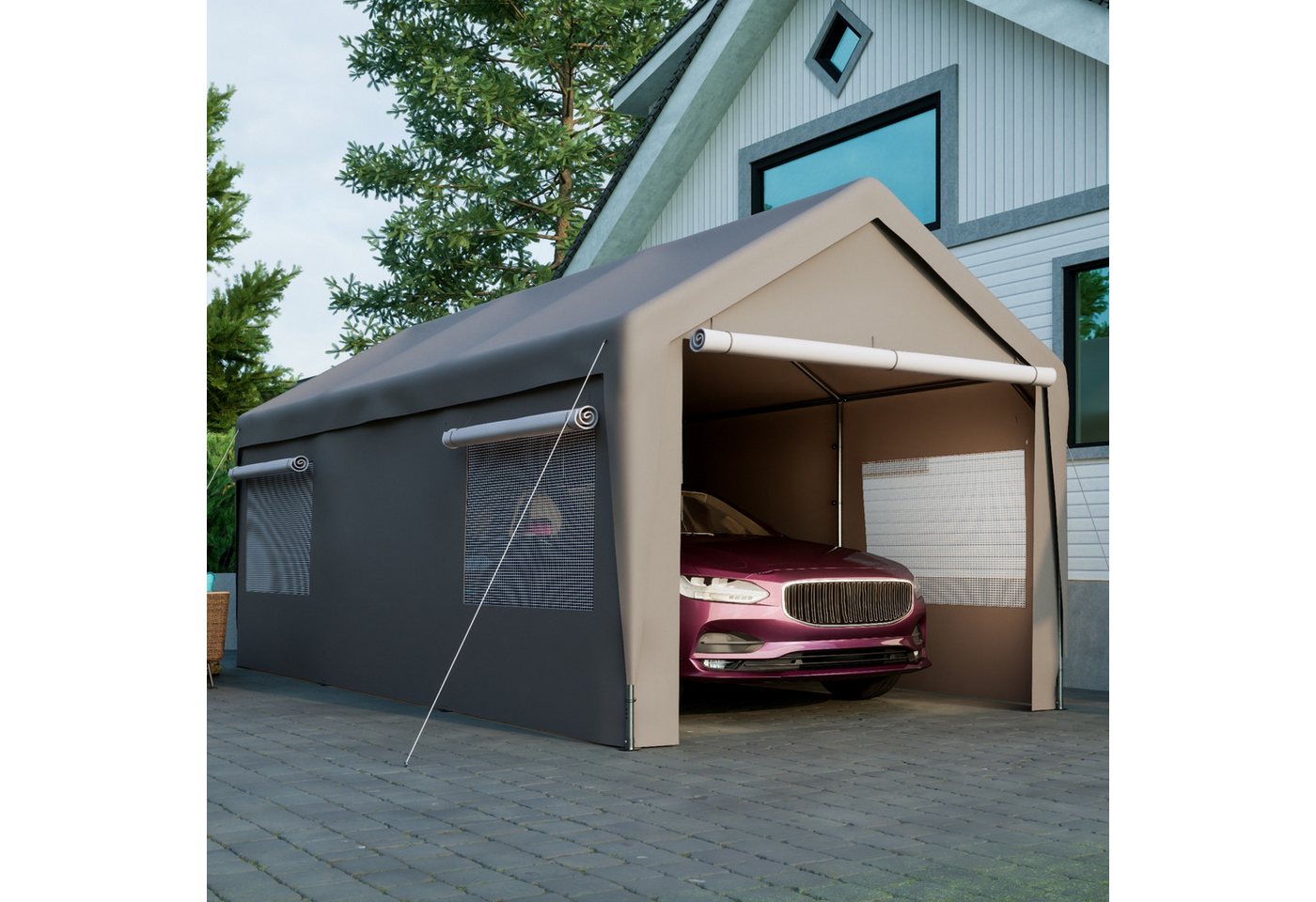 Blossom Garage Einzelcarport 3x6 m Carport Zelt winterfestes mit Roll-Up-Fenstern (Zeltgarage Gerätezelt), abnehmbaren Seitenwänden Dach, Lagerzelt für Auto, SUV, Boot, LKW Bild 3