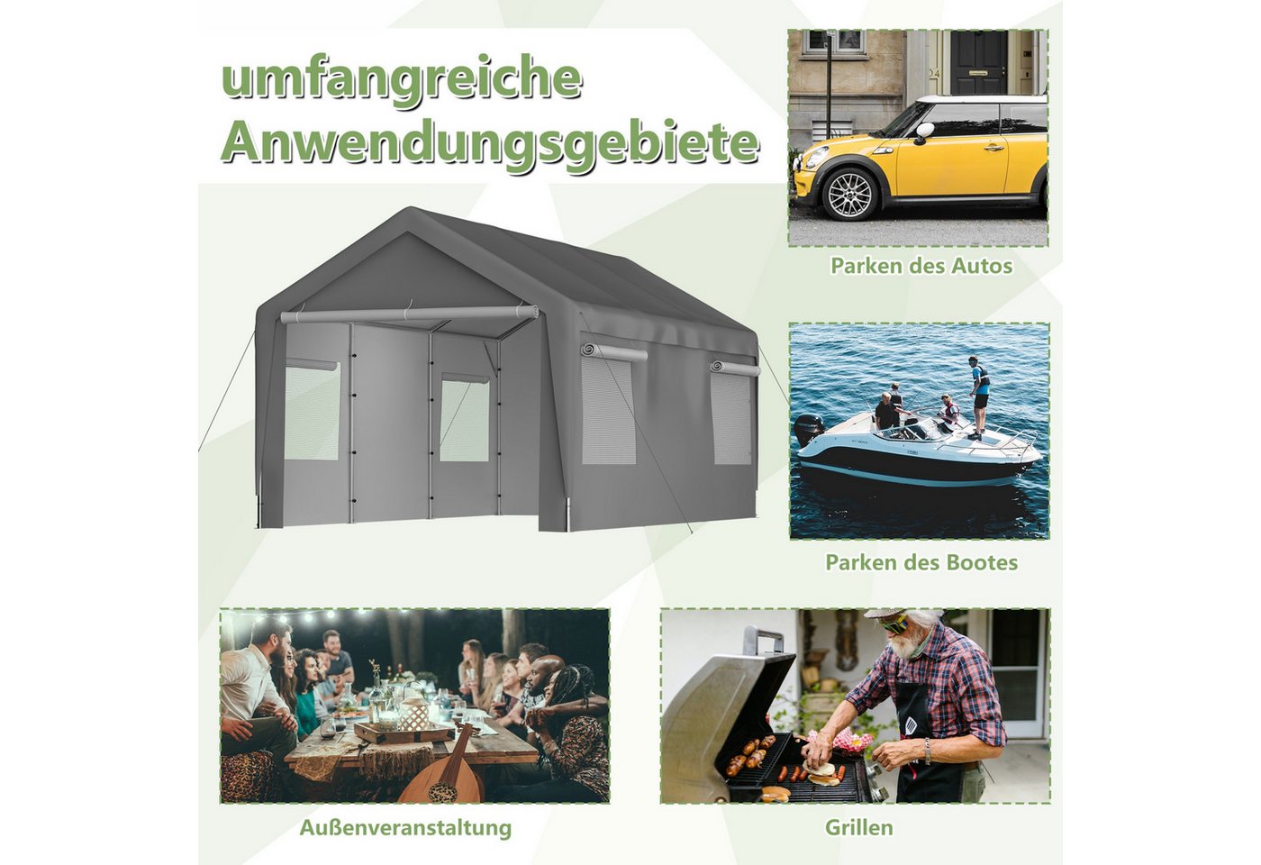 Blossom Garage Einzelcarport 3x6 m Carport Zelt winterfestes mit Roll-Up-Fenstern (Zeltgarage Gerätezelt), abnehmbaren Seitenwänden Dach, Lagerzelt für Auto, SUV, Boot, LKW Bild 5