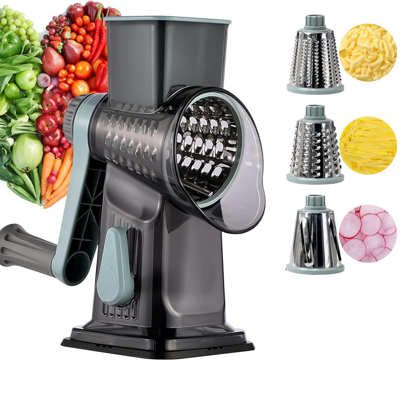 Fyrove Trommelreibe 3 in 1 Käsereibe mit Kurbel, Gemüseschneider Manuelle Trommelreibe, (Zubehör‑Set für Küche, Stabile Saugbasis, BPA-Freien, 3 in 1 Abnehmbaren Manuelle Gemüsemühle, Einfach Zu SäUbern), Gemüsehobel mit 3 Edelstahl Austauschbaren Trommelklingen