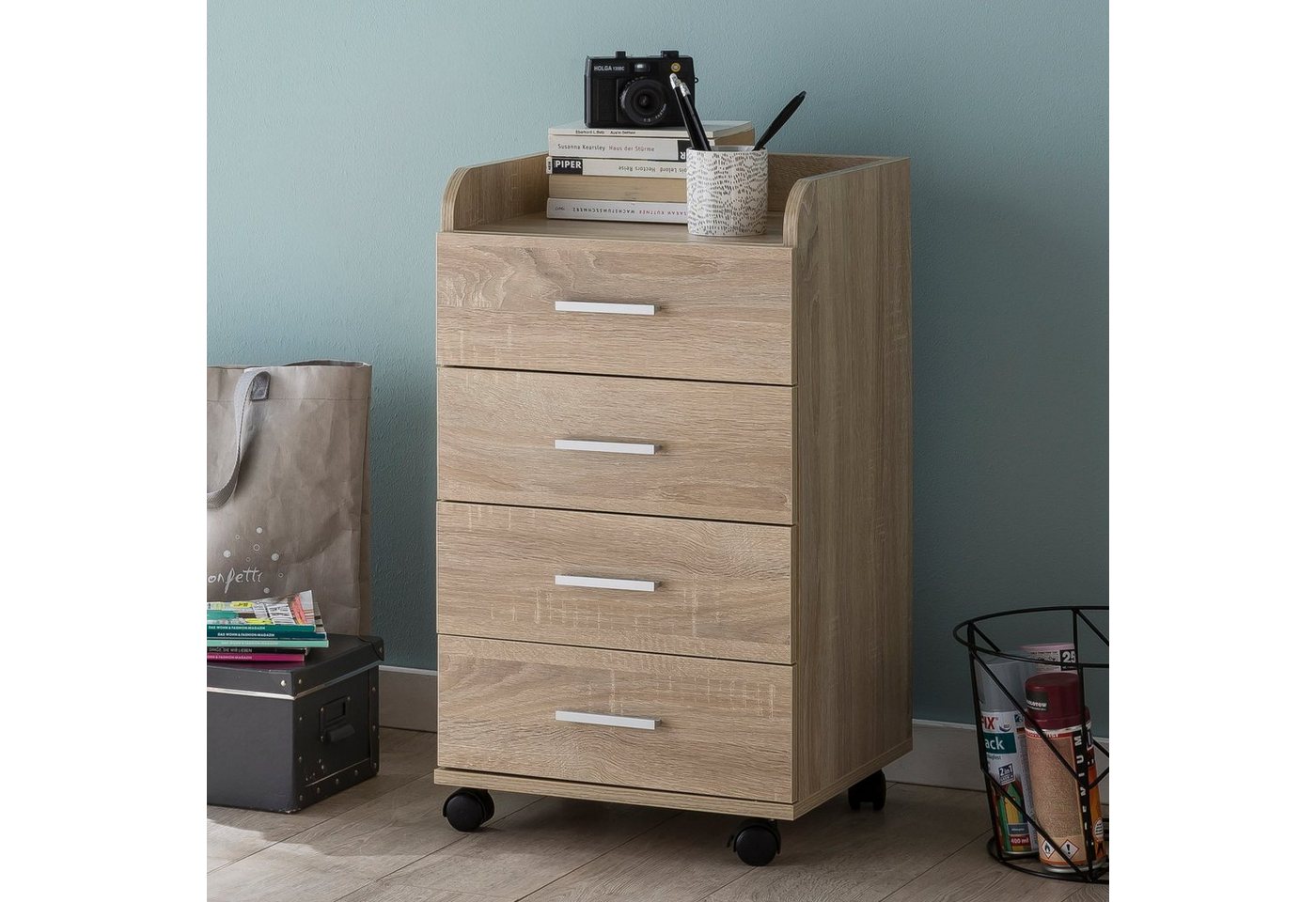 Wohnling Rollcontainer Sonoma 70,5 cm Standcontainer Bürocontainer Schreibtisch WL5.749, (Schreibtischcontainer 40x70,5x33 cm Sonoma), Rollschrank 4 Schubladen, Bürocontainer mit Rollen Bild 4