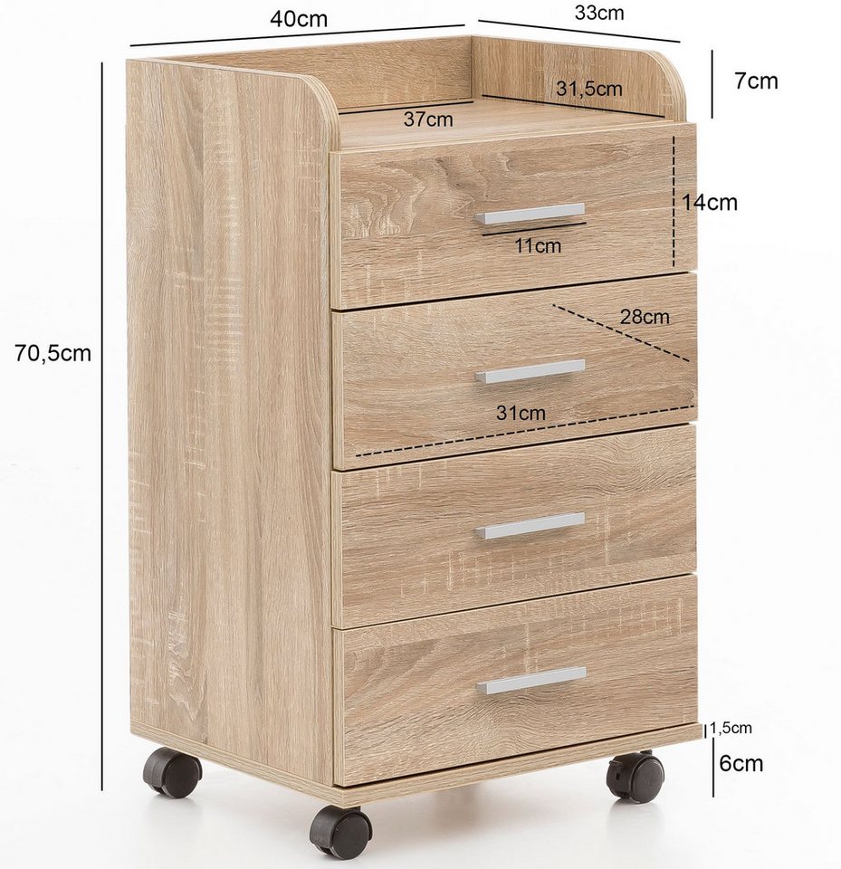 Wohnling Rollcontainer Sonoma 70,5 cm Standcontainer Bürocontainer Schreibtisch WL5.749, (Schreibtischcontainer 40x70,5x33 cm Sonoma), Rollschrank 4 Schubladen, Bürocontainer mit Rollen Bild 5