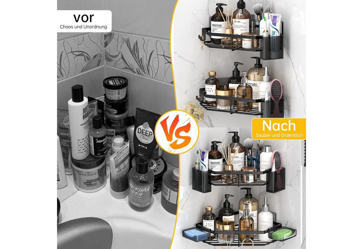 LA CUTE Duschablage Badregal Duschablage Regal Aufbewahrung, 4-teiliges Duschregal-Set inkl. Seifenhalter & Zahnbürstendose, Rostfreier Edelstahl, ohne Bohren, wasserfest, mattes Design Bild 4