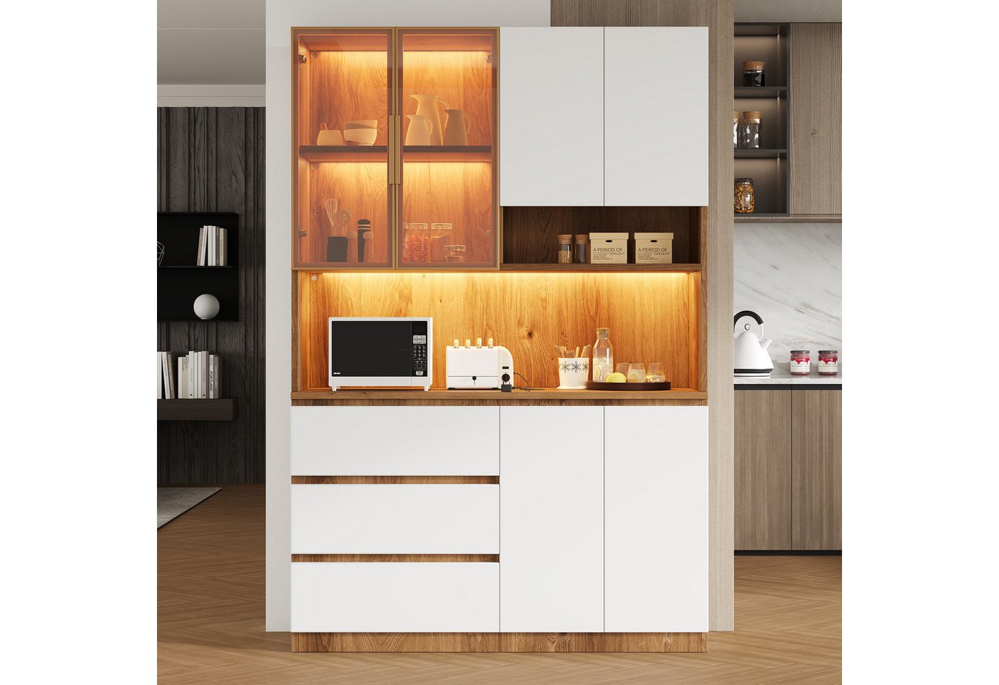 Merax Küchenbuffet Küchenschrank Küchenvitrine mit LED-Beleuchtung (1-St., 3 Schubladen, 6 Türen, Ablagebretter) Multifunktional, Hochschrank, Buffetschrank
