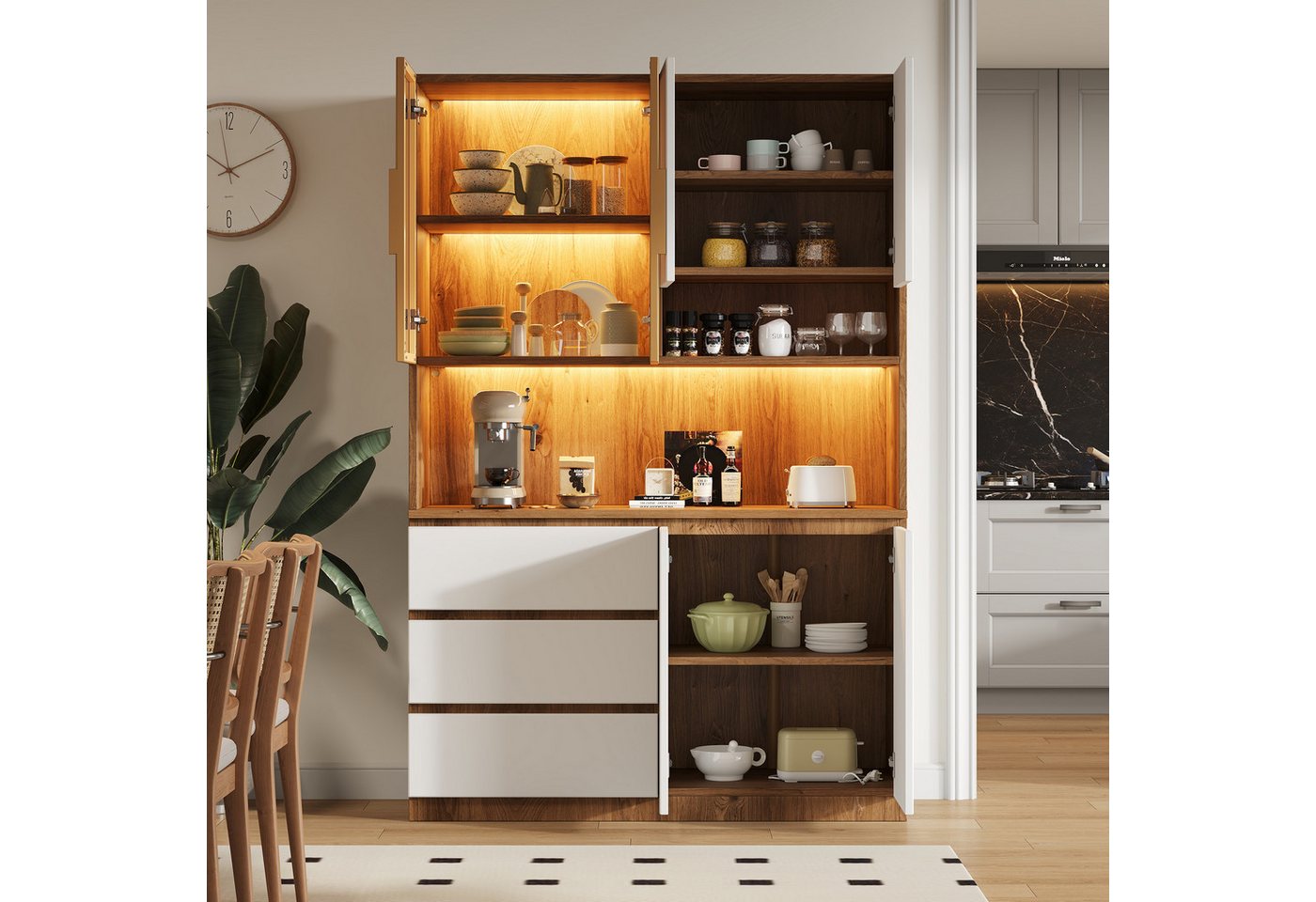 Merax Küchenbuffet Küchenschrank Küchenvitrine mit LED-Beleuchtung (1-St., 3 Schubladen, 6 Türen, Ablagebretter) Multifunktional, Hochschrank, Buffetschrank Bild 2