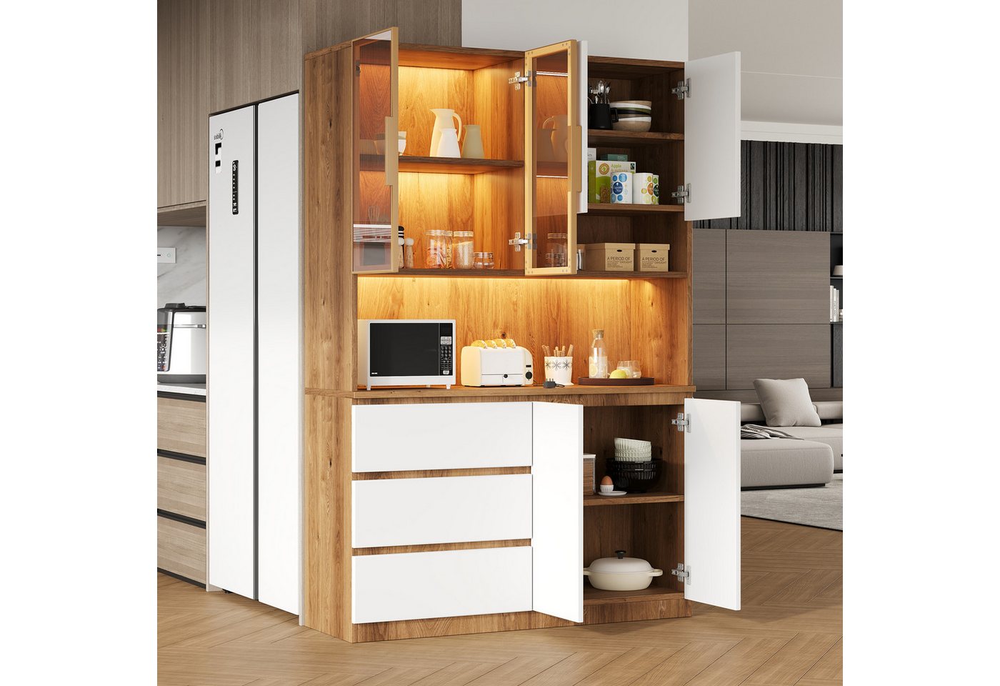 Merax Küchenbuffet Küchenschrank Küchenvitrine mit LED-Beleuchtung (1-St., 3 Schubladen, 6 Türen, Ablagebretter) Multifunktional, Hochschrank, Buffetschrank Bild 3