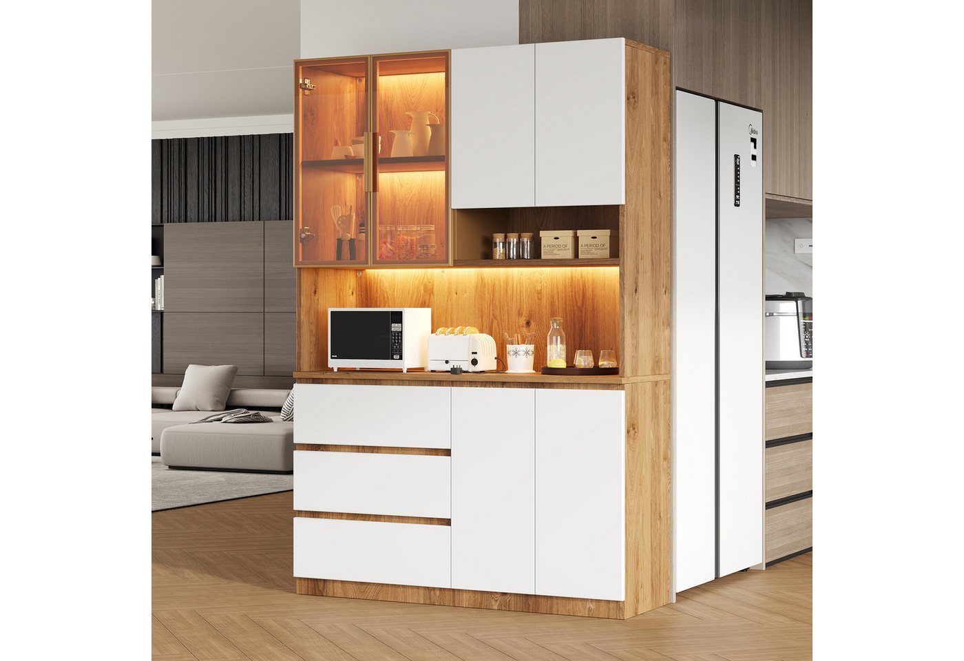 Merax Küchenbuffet Küchenschrank Küchenvitrine mit LED-Beleuchtung (1-St., 3 Schubladen, 6 Türen, Ablagebretter) Multifunktional, Hochschrank, Buffetschrank Bild 4