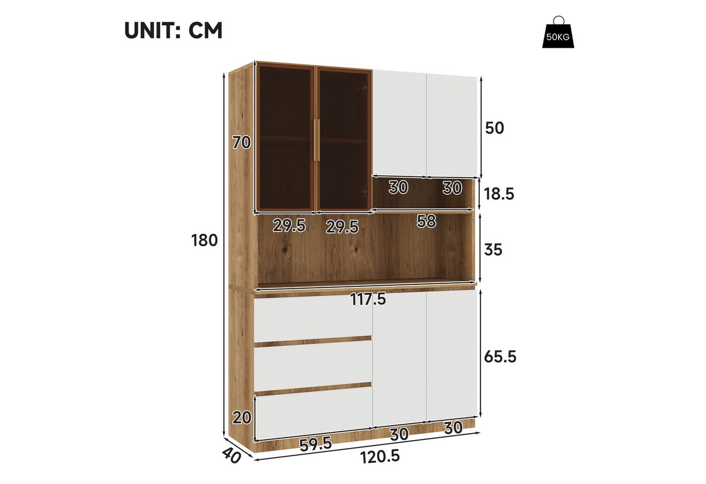 Merax Küchenbuffet Küchenschrank Küchenvitrine mit LED-Beleuchtung (1-St., 3 Schubladen, 6 Türen, Ablagebretter) Multifunktional, Hochschrank, Buffetschrank Bild 5